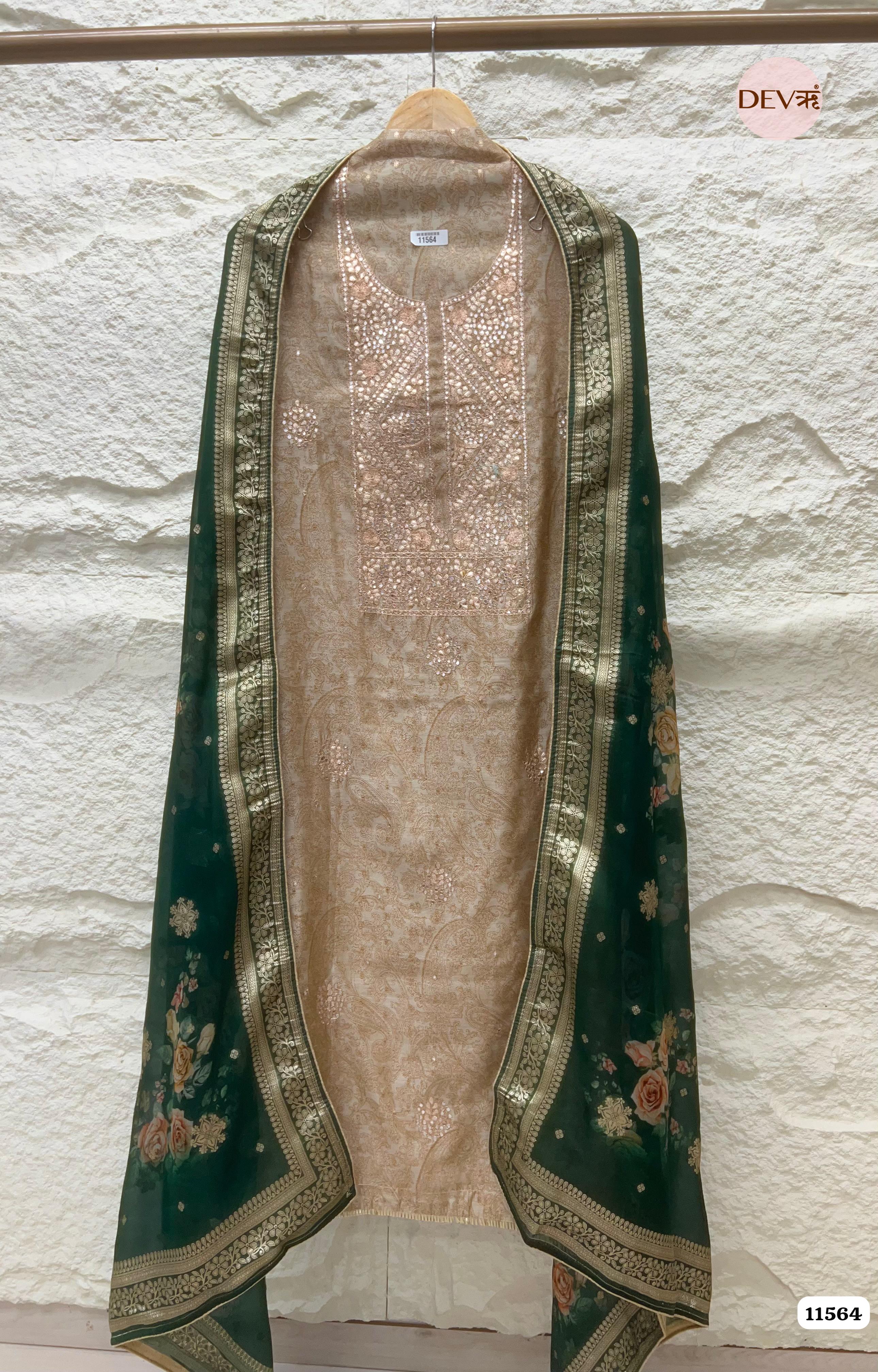 Cream Colour Pure Organza Silk Printed Unstitched Hand Embroidered -Set Of 3 {11564}