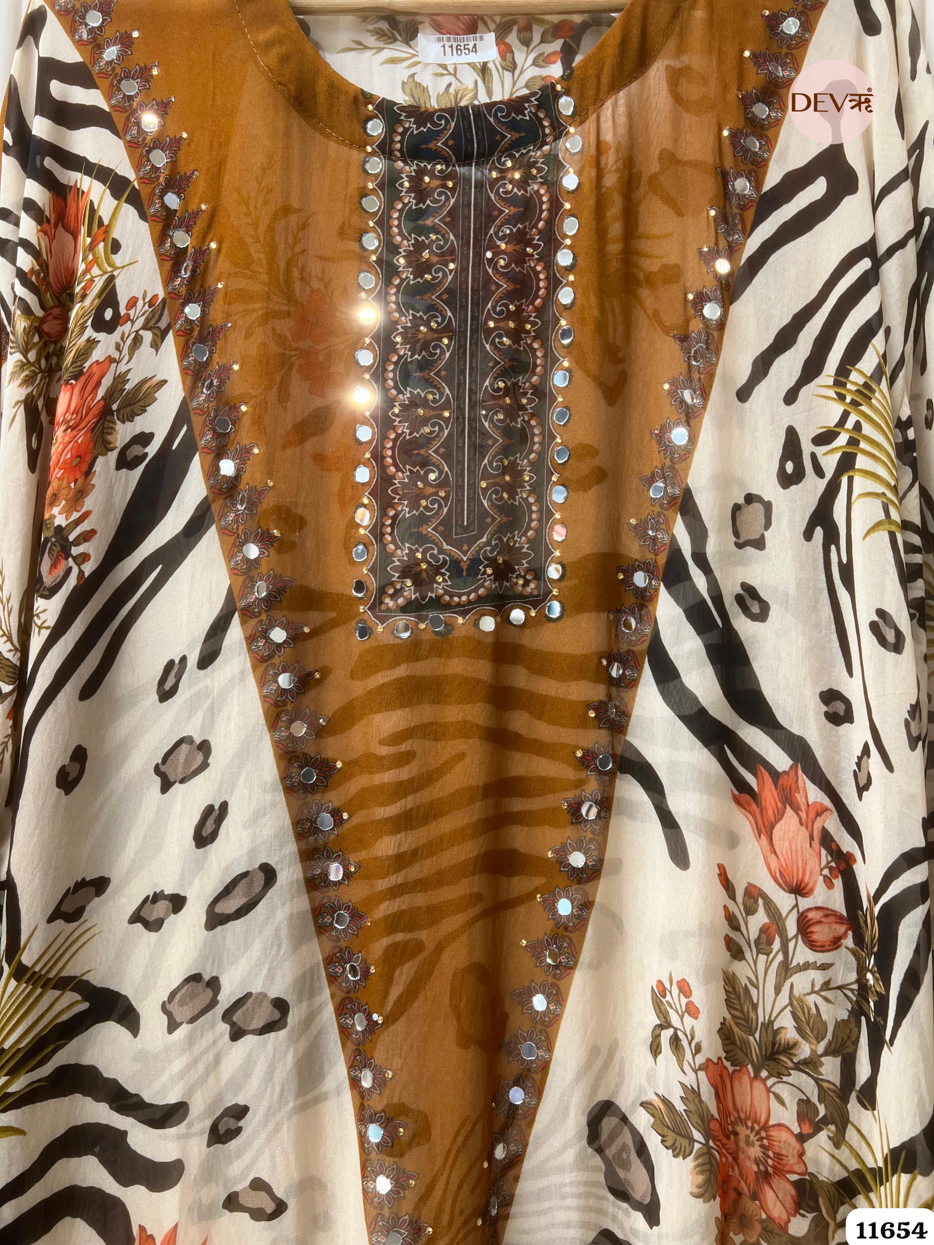 Brown/Cream Organza Printed Semi Stitched Hand Embroidered -Set Of 3 {11654}