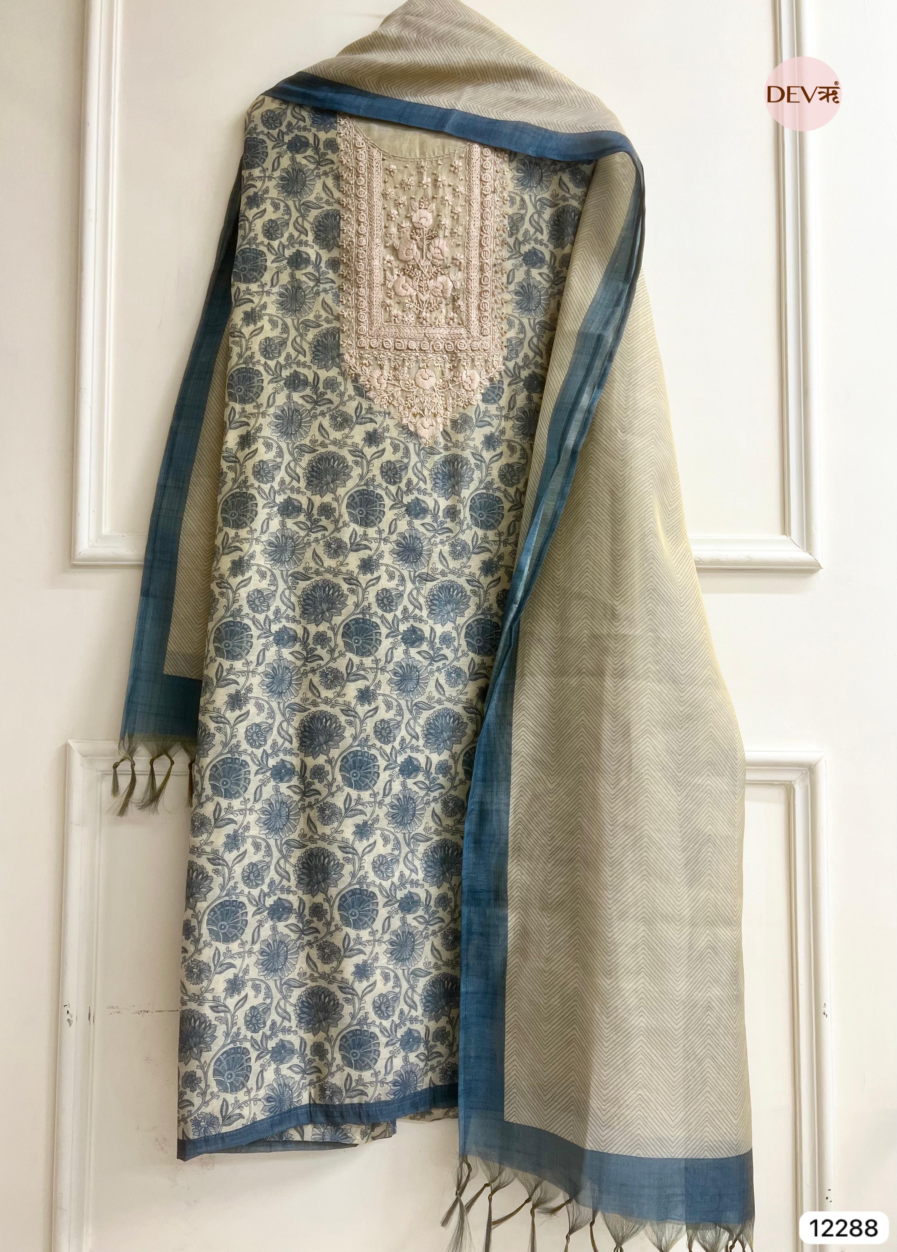 Ivory Blue Tissue Silk Embroidered Unstitched 3-Piece Suit (Devri – D.No 12288).