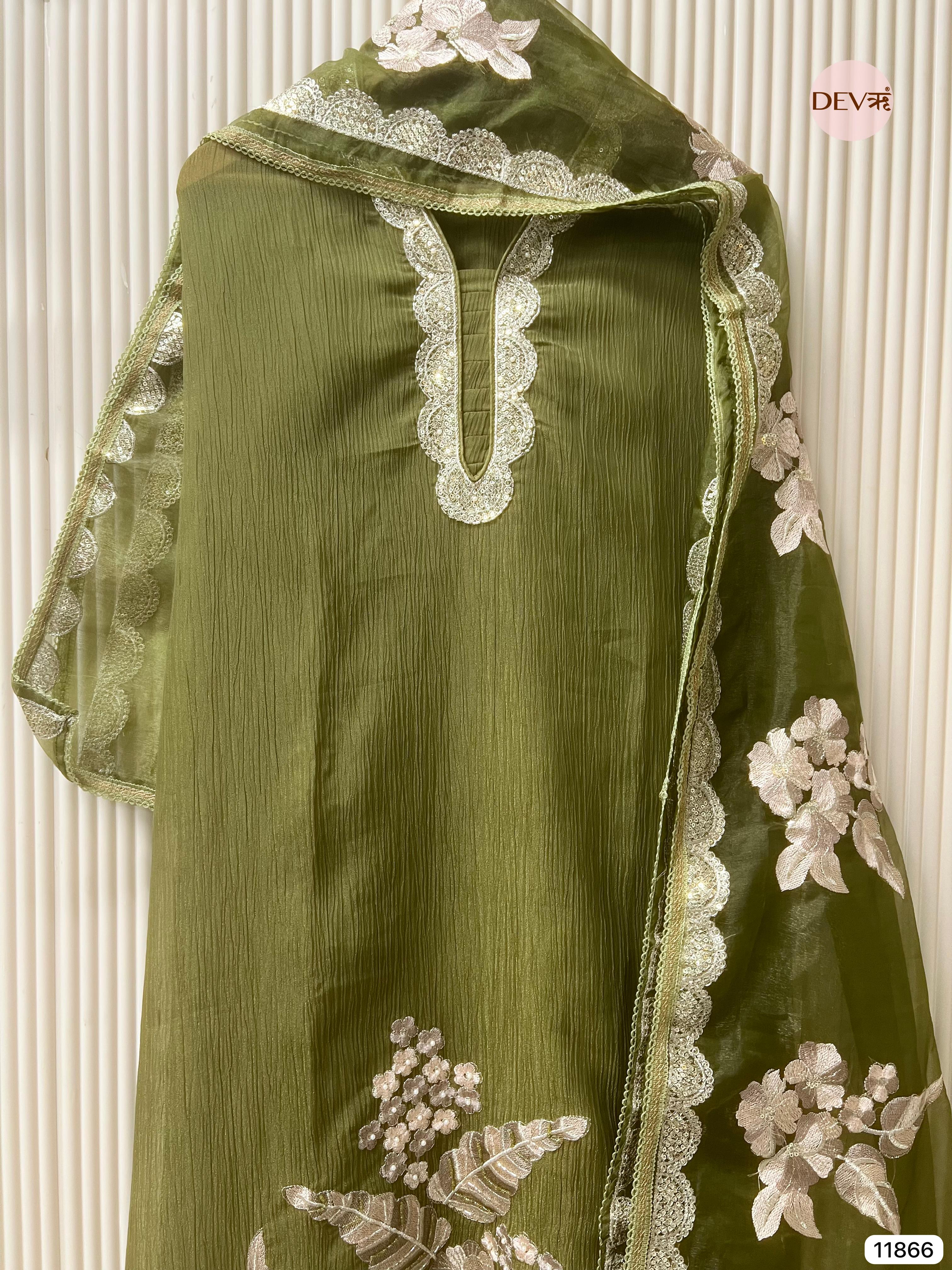 Green Tissue Crush Silk Unstitched Embroidered -Set Of 3 - {11866}