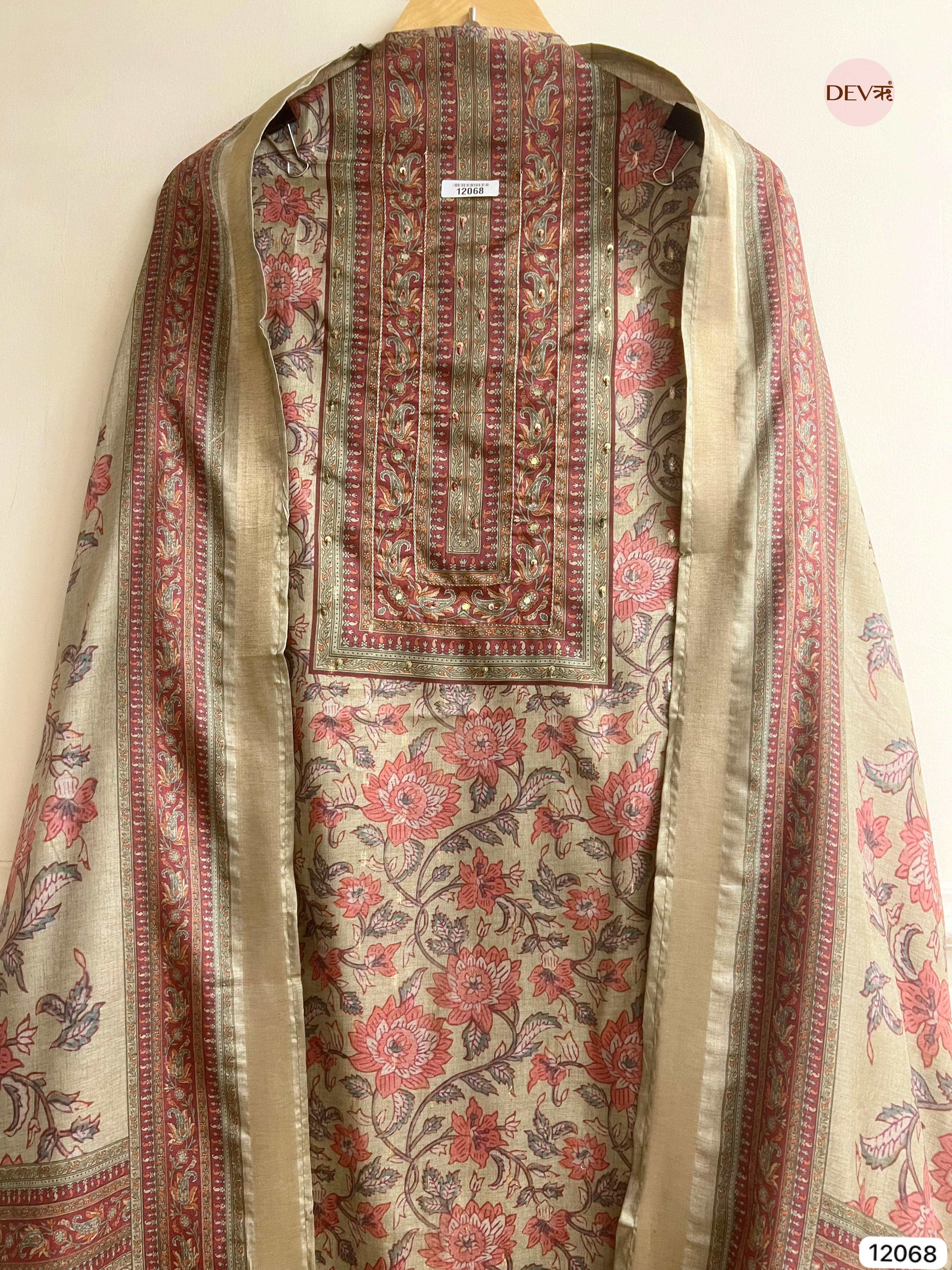 Multi Colour Tusser Khadi Silk Printed Unstitched Hand Embroidered -Set Of 3 - {12068}
