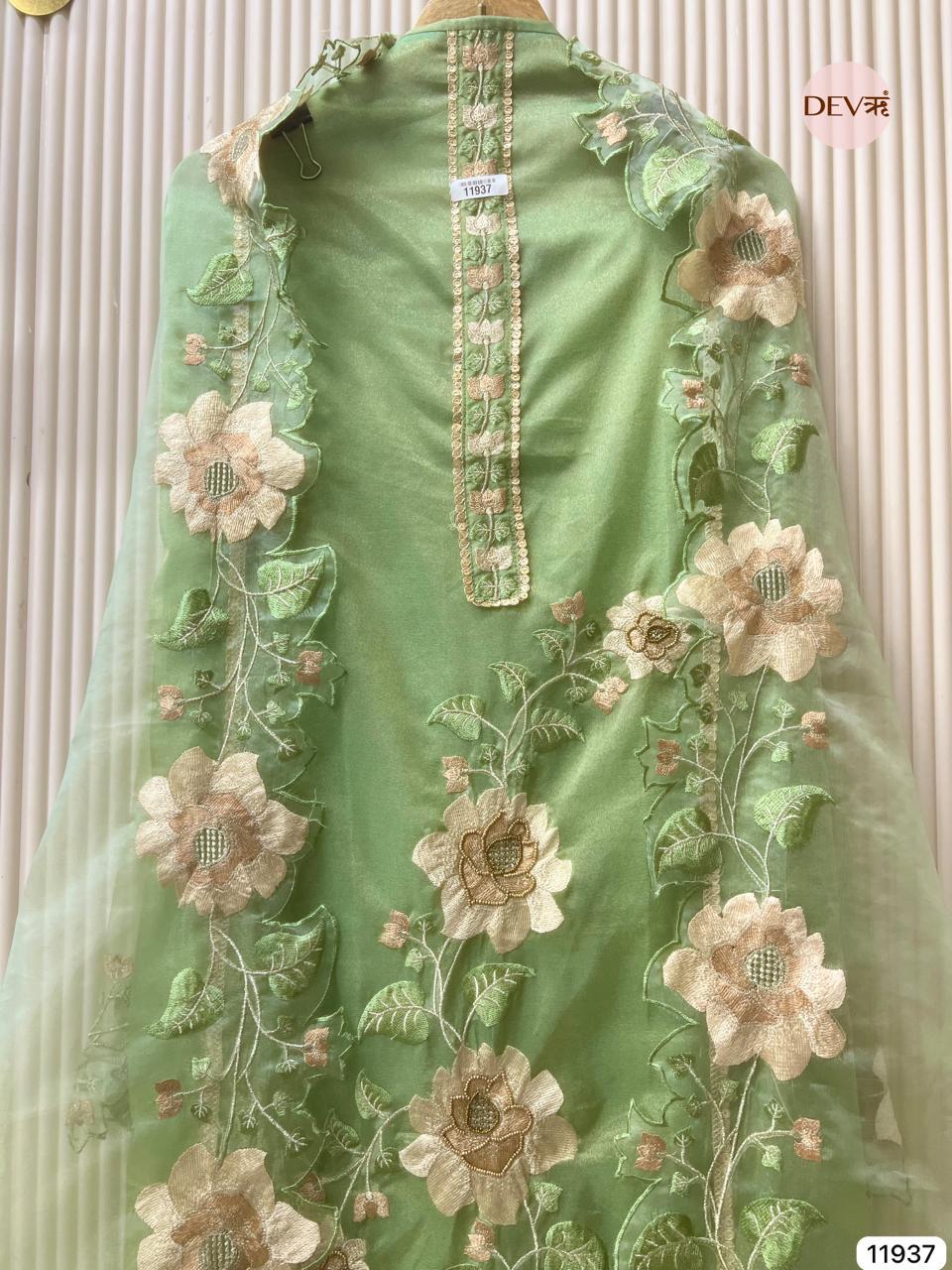 Green Tissue Shimmer Embroidered Unstitched 3-Piece Suit (Devri – D.No 11937)