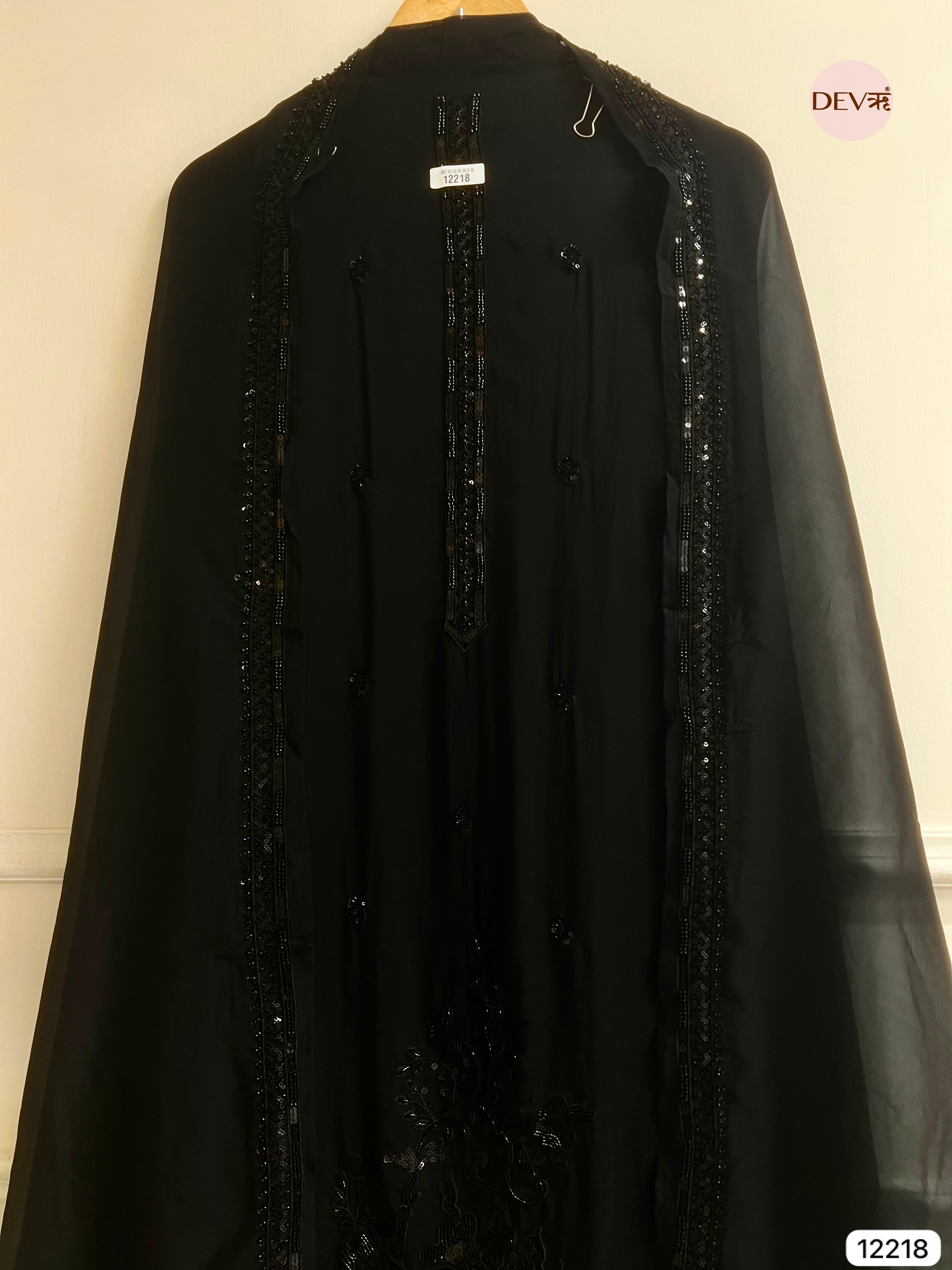 Black Organza Hand-Embroidered Unstitched 3-Piece Suit (Devri – D.No 12218)