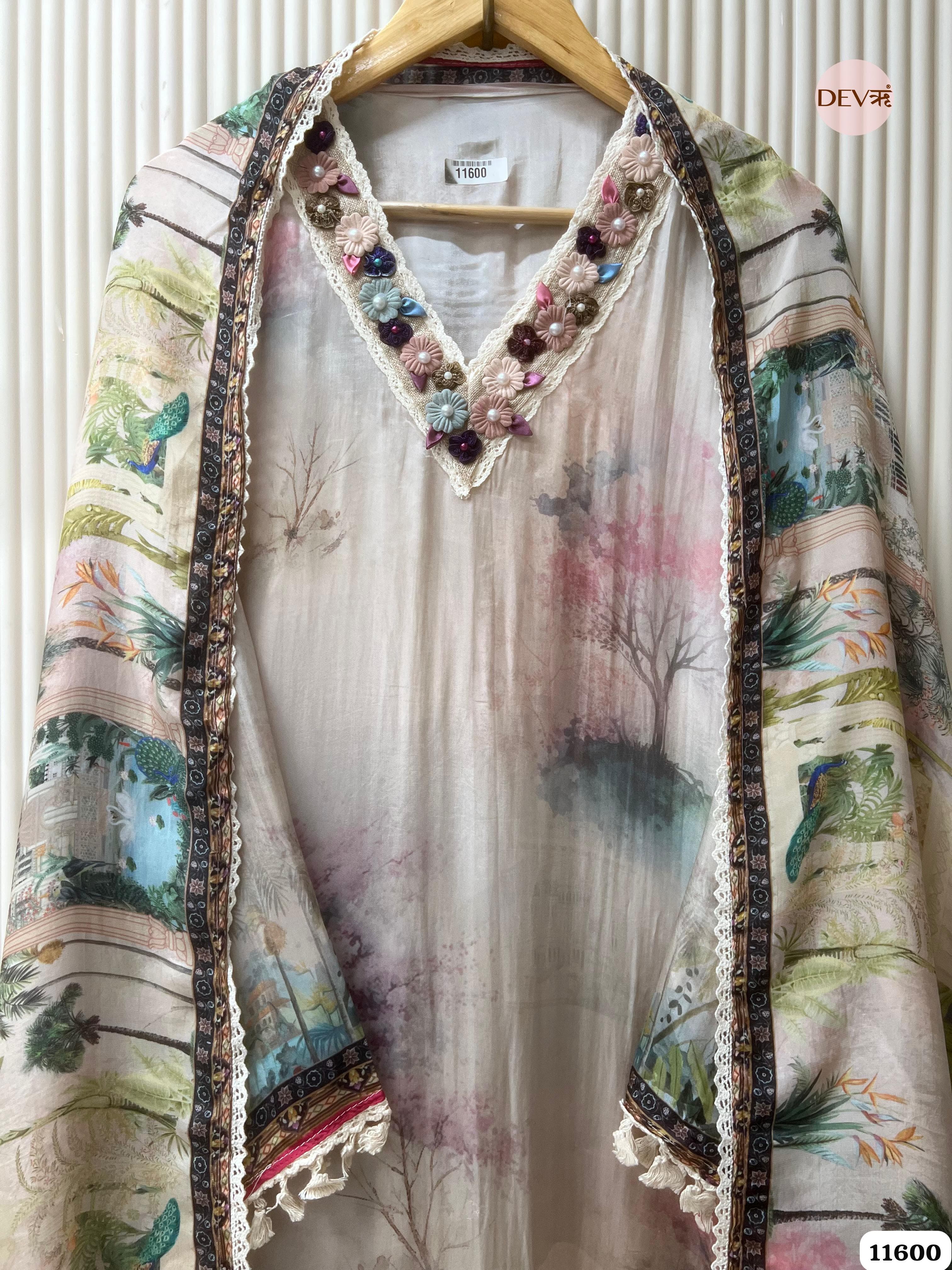 Light Multi Organza Silk Semi Stitched Printed Hand Embroidered -Set Of 3 {11600}