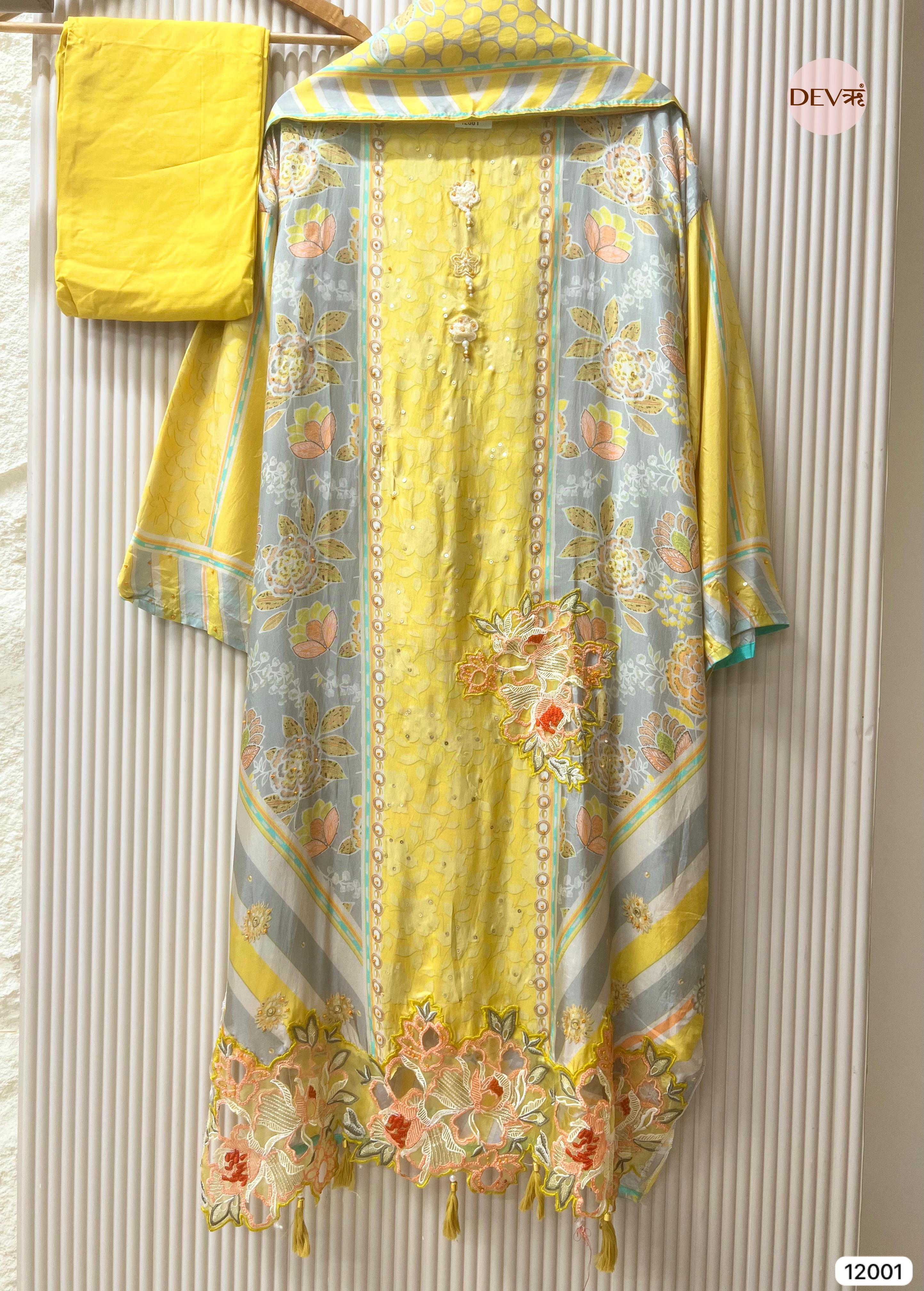 {12001} Yellow Pure Organza Silk Semi stitched Printed Embroidered -Set Of 3