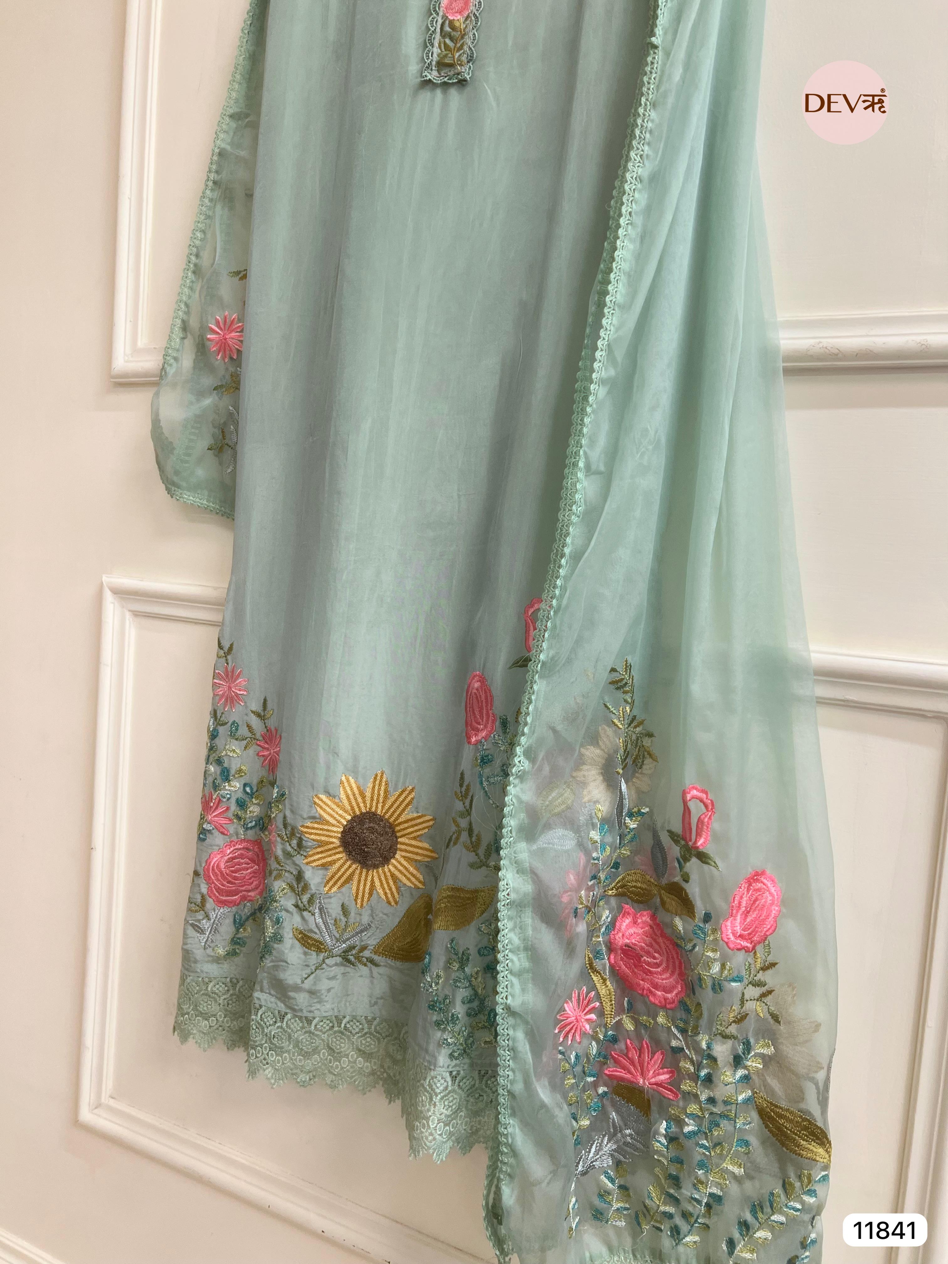 Green Organza silk unstitched embroidered -Set Of 3- {11841}