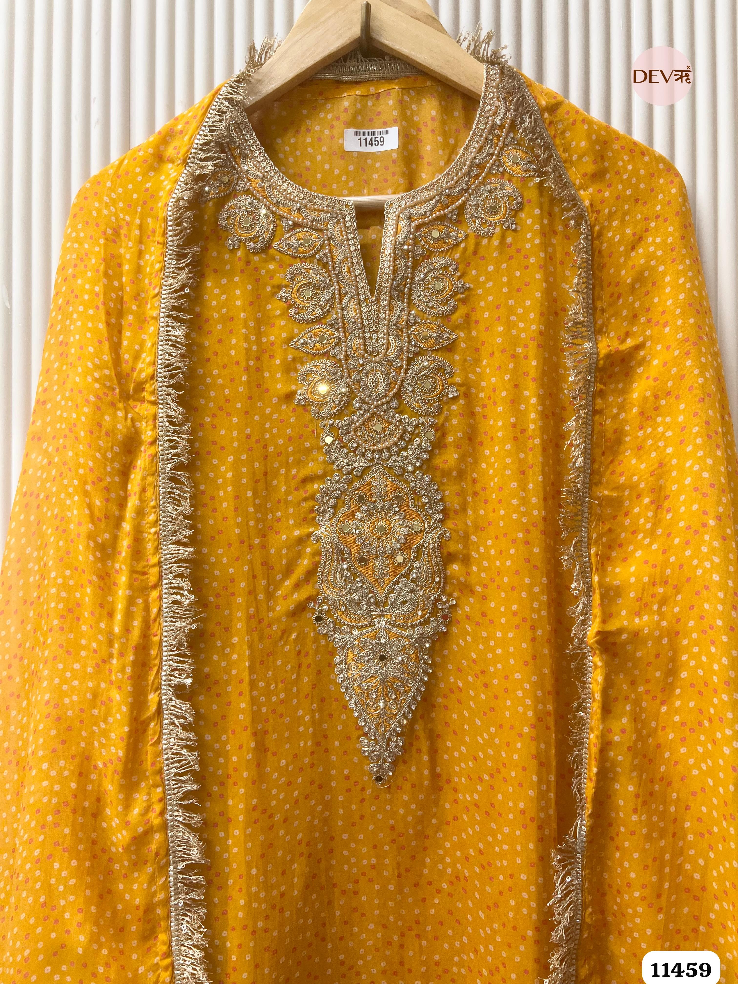 Yellow Pure Organza Printed Hand Embroidered -Set Of 3 {11459}