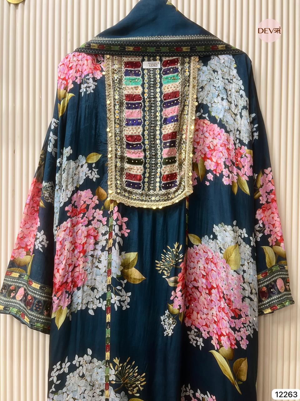 Teal Glass Organza Printed Unstitched 3-Piece Suit (Devri – D.No 12263)