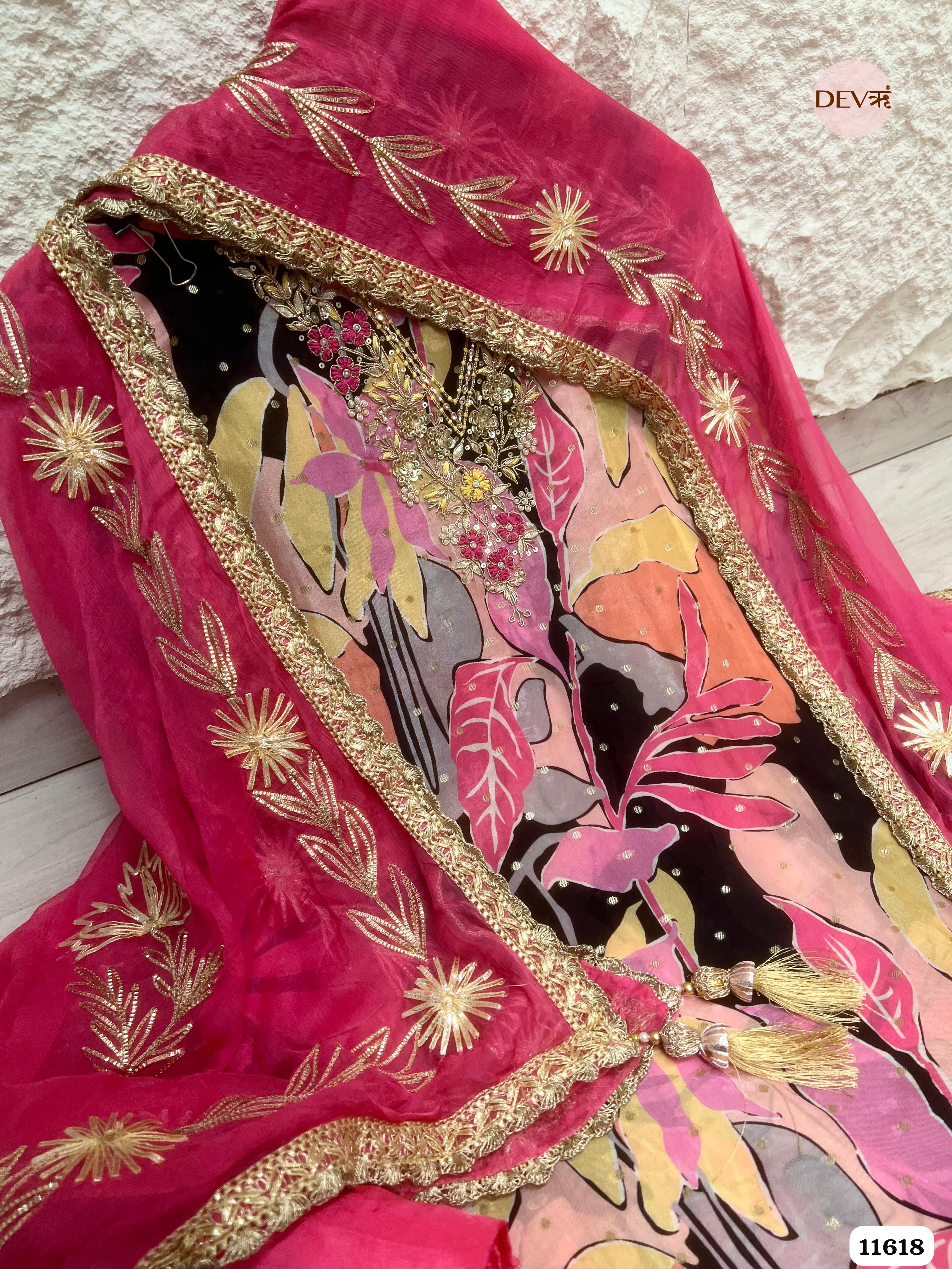 Pink Pure Organza Silk Unstitched Printed Hand Embroidered -Set Of 3 {11618}