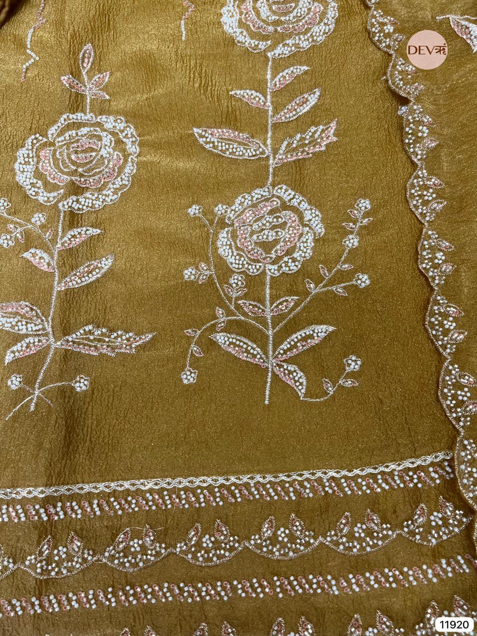 Yellow Pure Tissue Crush Unstitched Hand Embroidered -Set Of 3 - {11920}