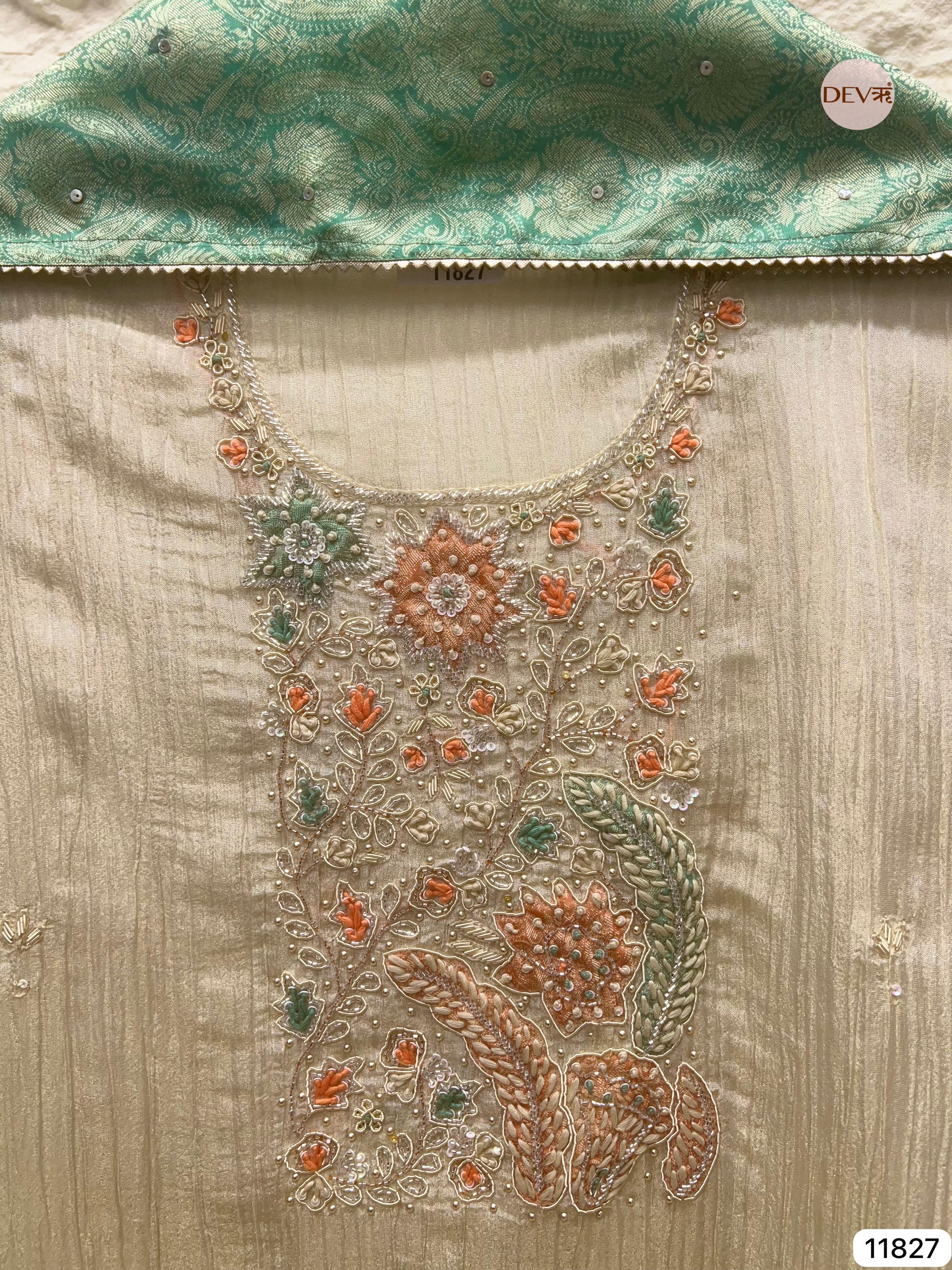 Off White Pure Tissue Crush Silk Unstitched Hand Embroidered -Set Of 3- {11827}