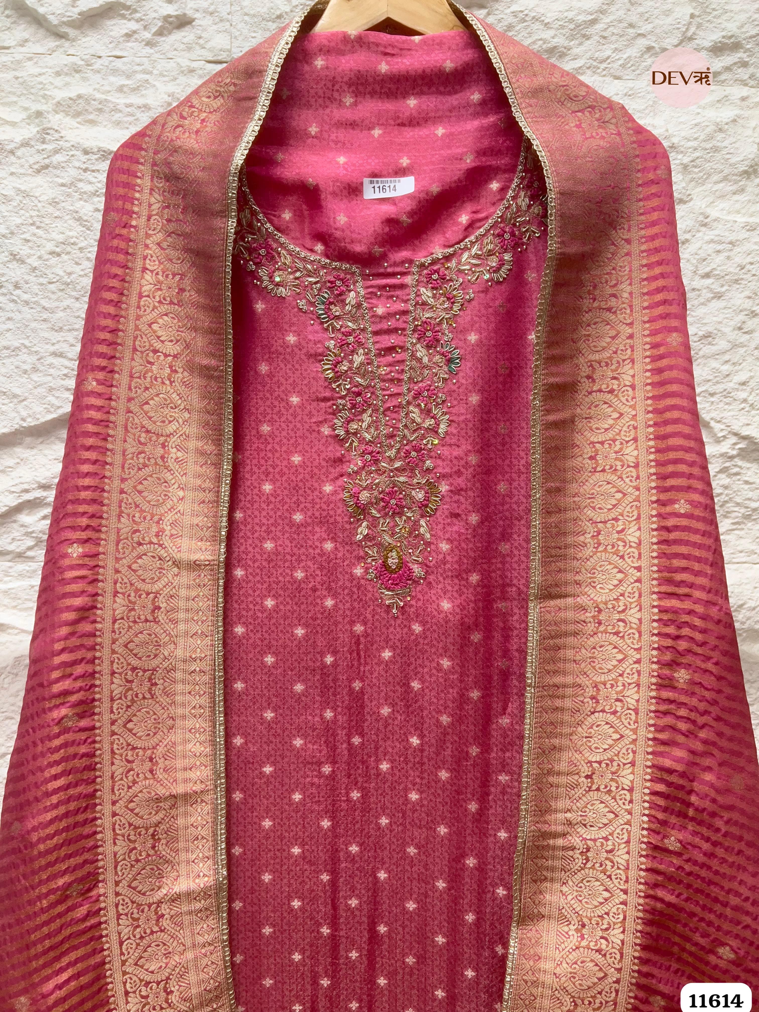 Rose Pink Pure Tissue Banarasi Silk Unstitched Hand Embroidered -Set Of 3 {11614}