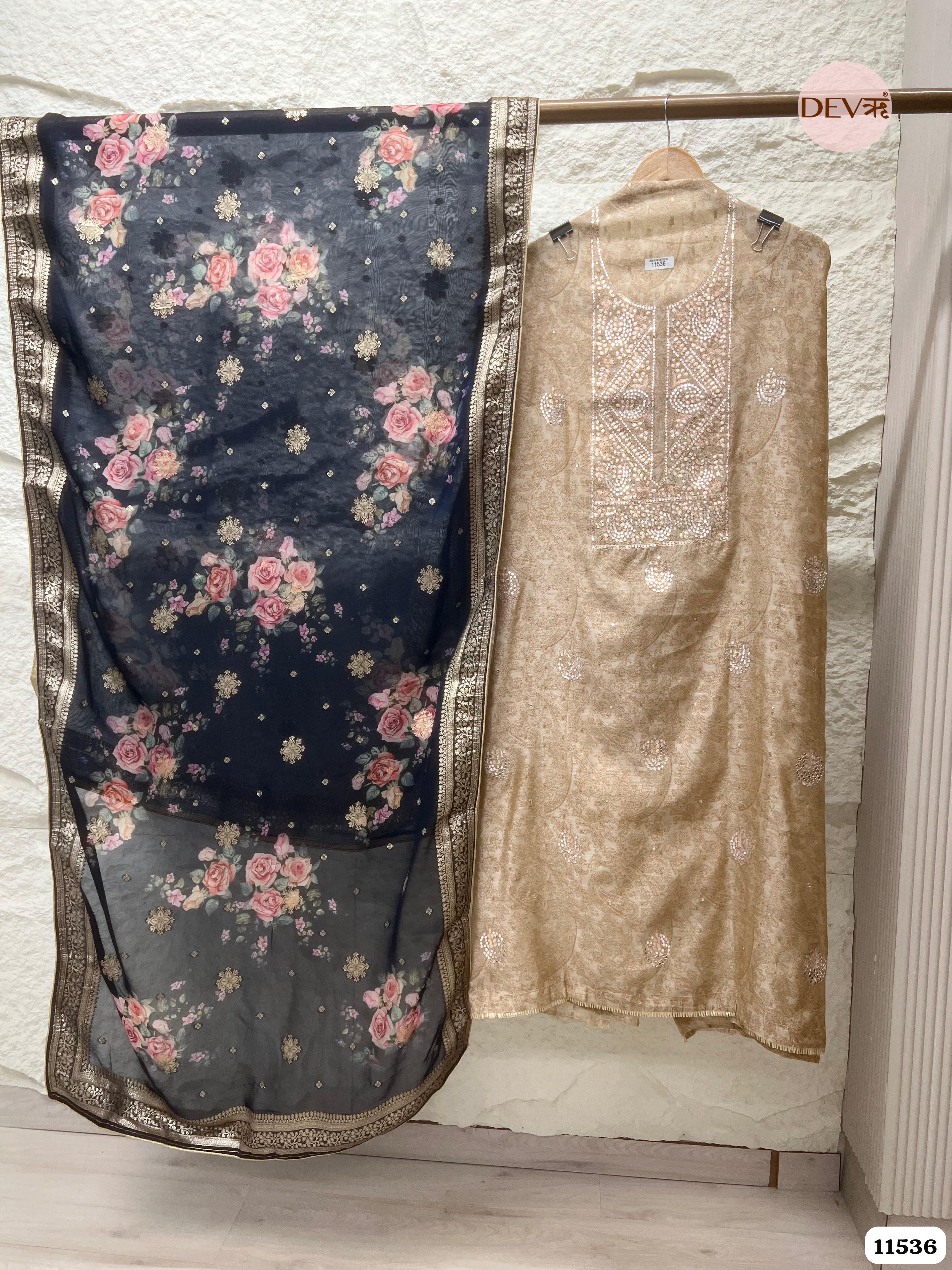 Cream Colour Pure Organza Silk Printed Unstitched Hand Embroidered -Set Of 3 {11536}