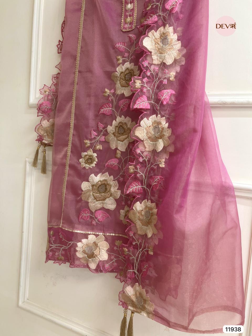 Pink Tissue Silk Unstitched Embroidered -Set Of 3 - {11938}