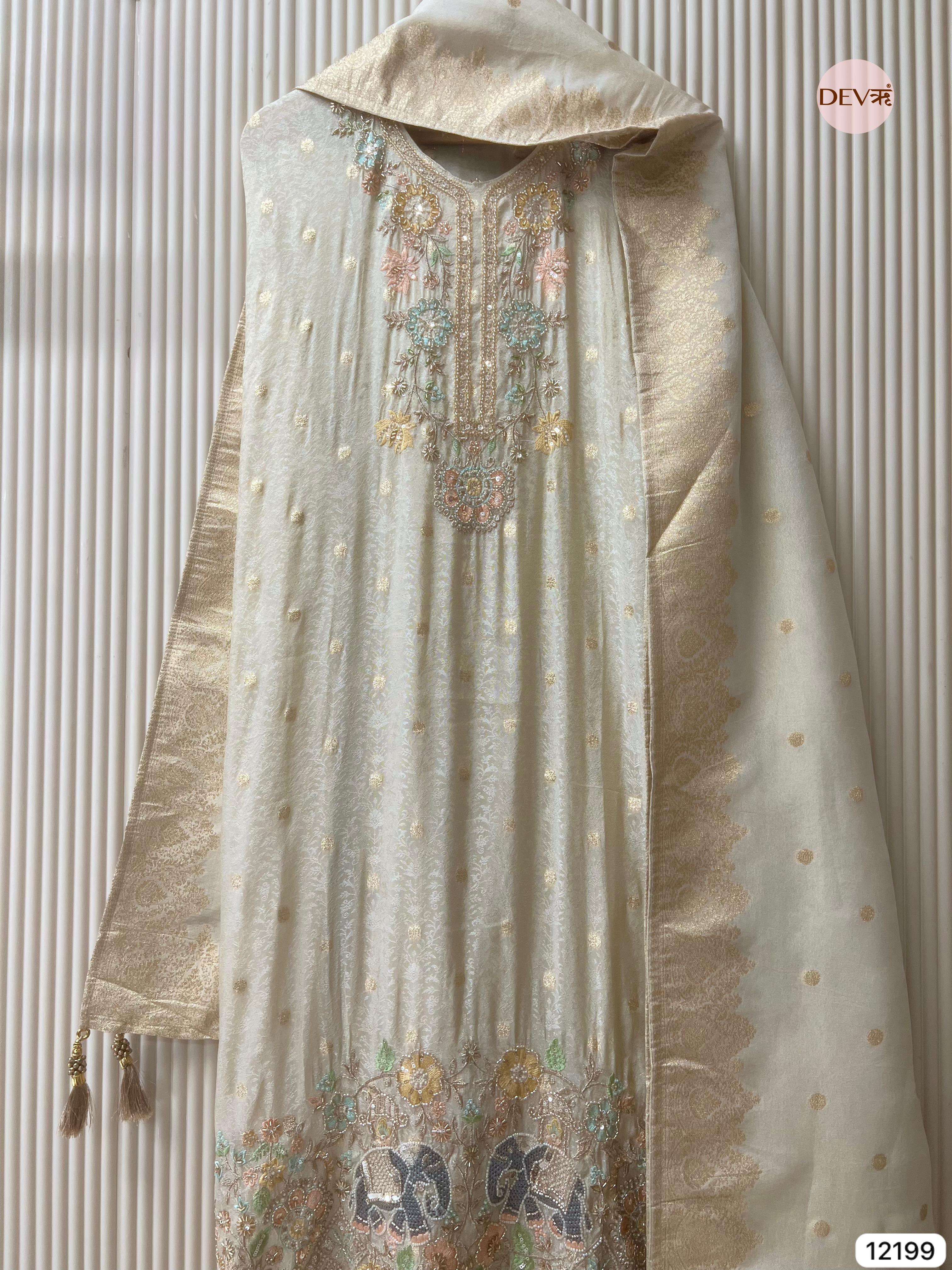 Creamy Silk Unstitched Banarasi Woven Hand Embroidered -Set Of 3 - {12199}
