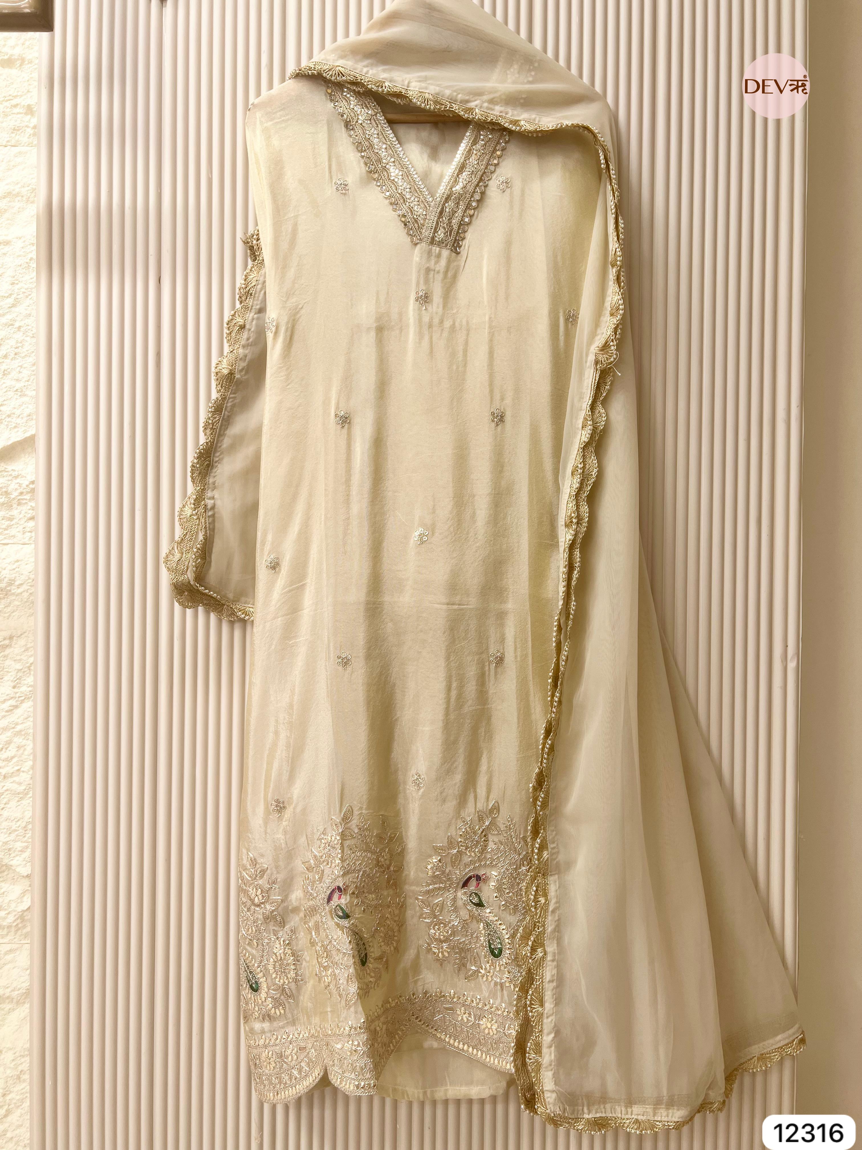 Ivory Shimmer Silk Embroidered Unstitched 3-Piece Suit (Devri – D.No 12316)