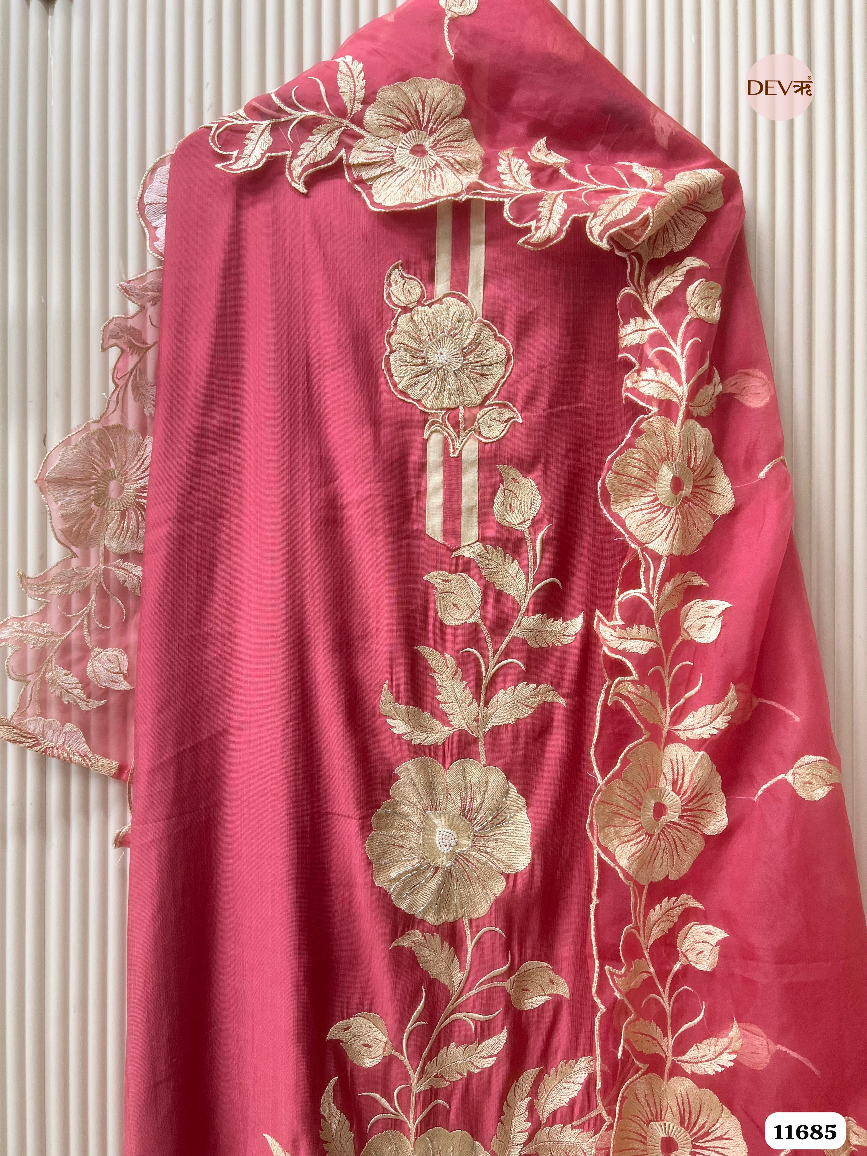 Pink Mul Chanderi Unstitched Embroidered -Set Of 3 {11685}