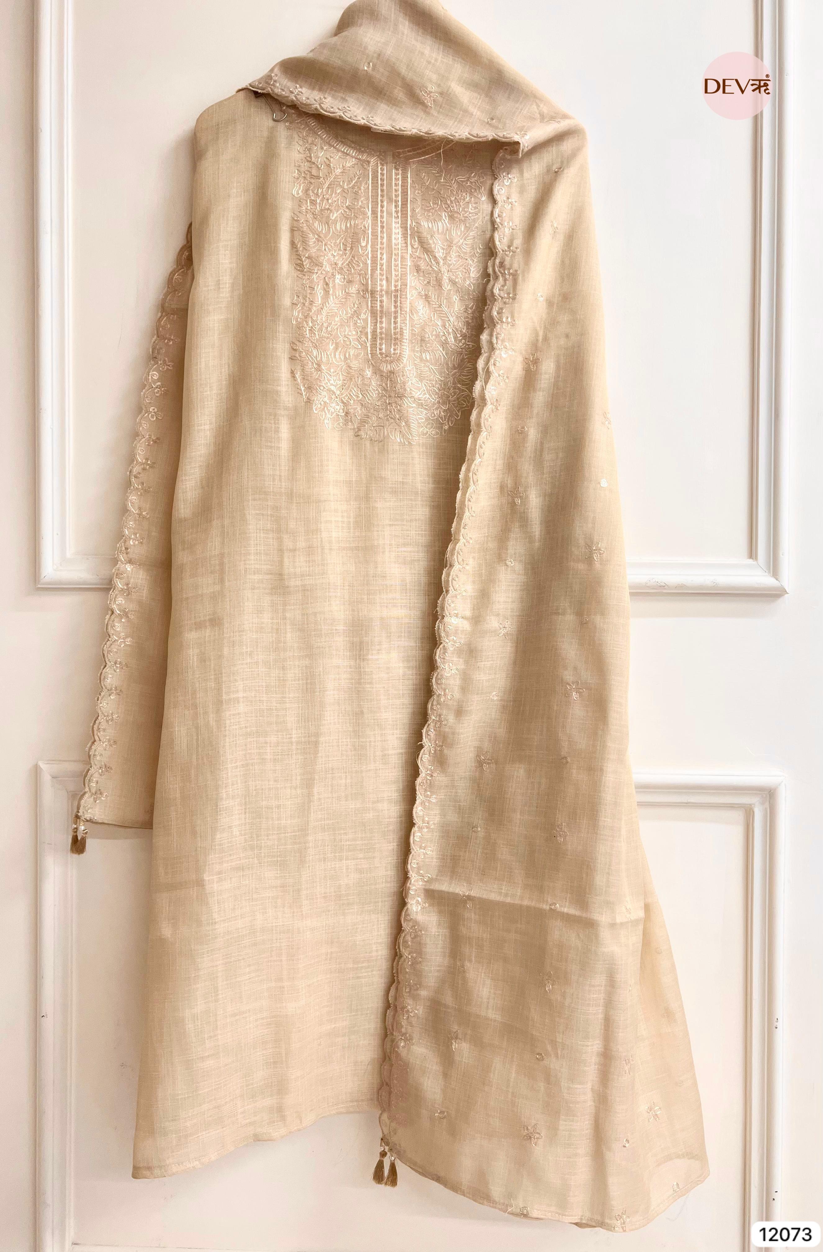 Beige Pure Linen Unstitched Zardosi Embroidered -Set Of 3 - {12073}