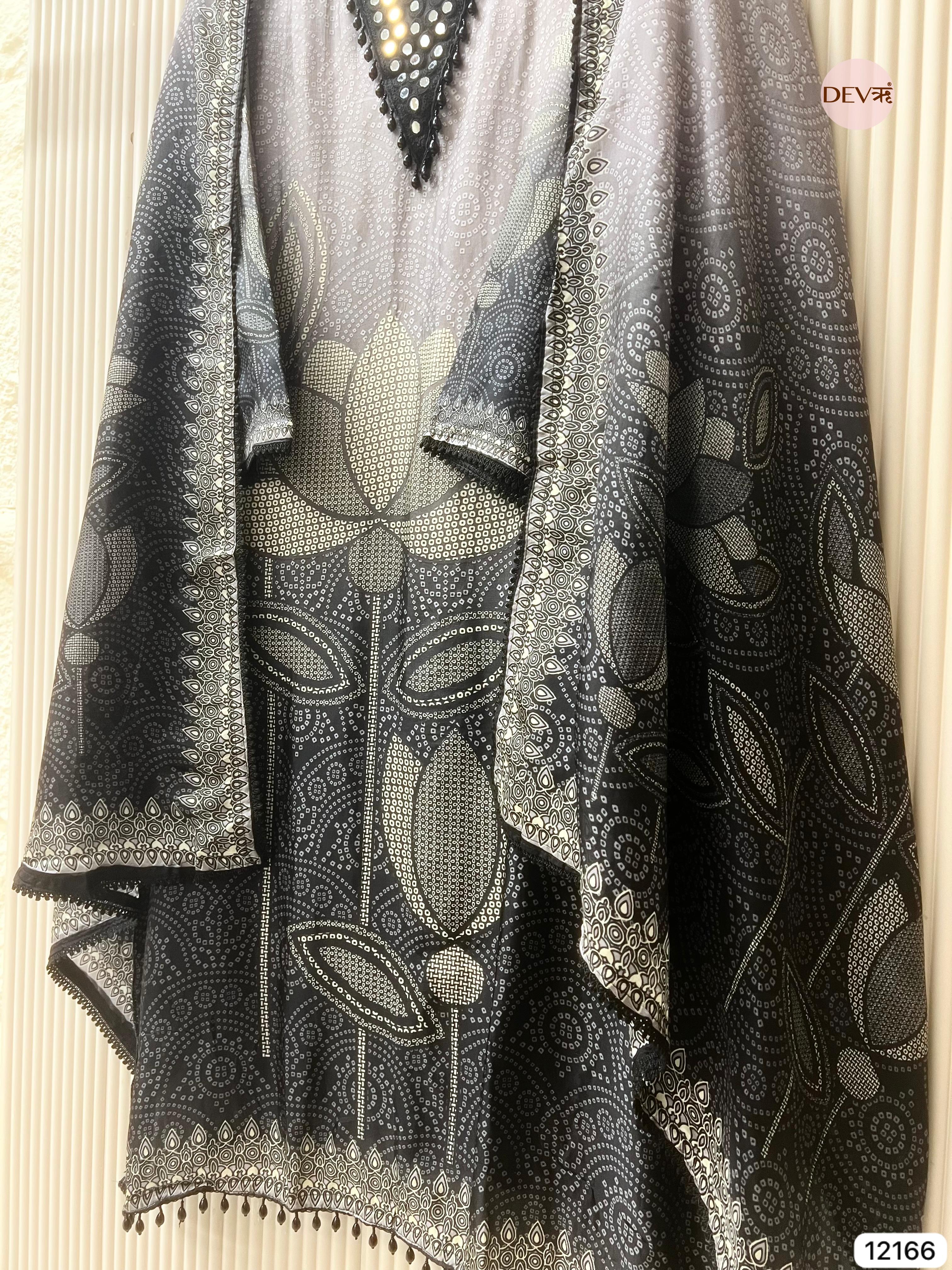 Grey Muslin Semi stitched Bandhani Print -Set Of 3 - {12166}