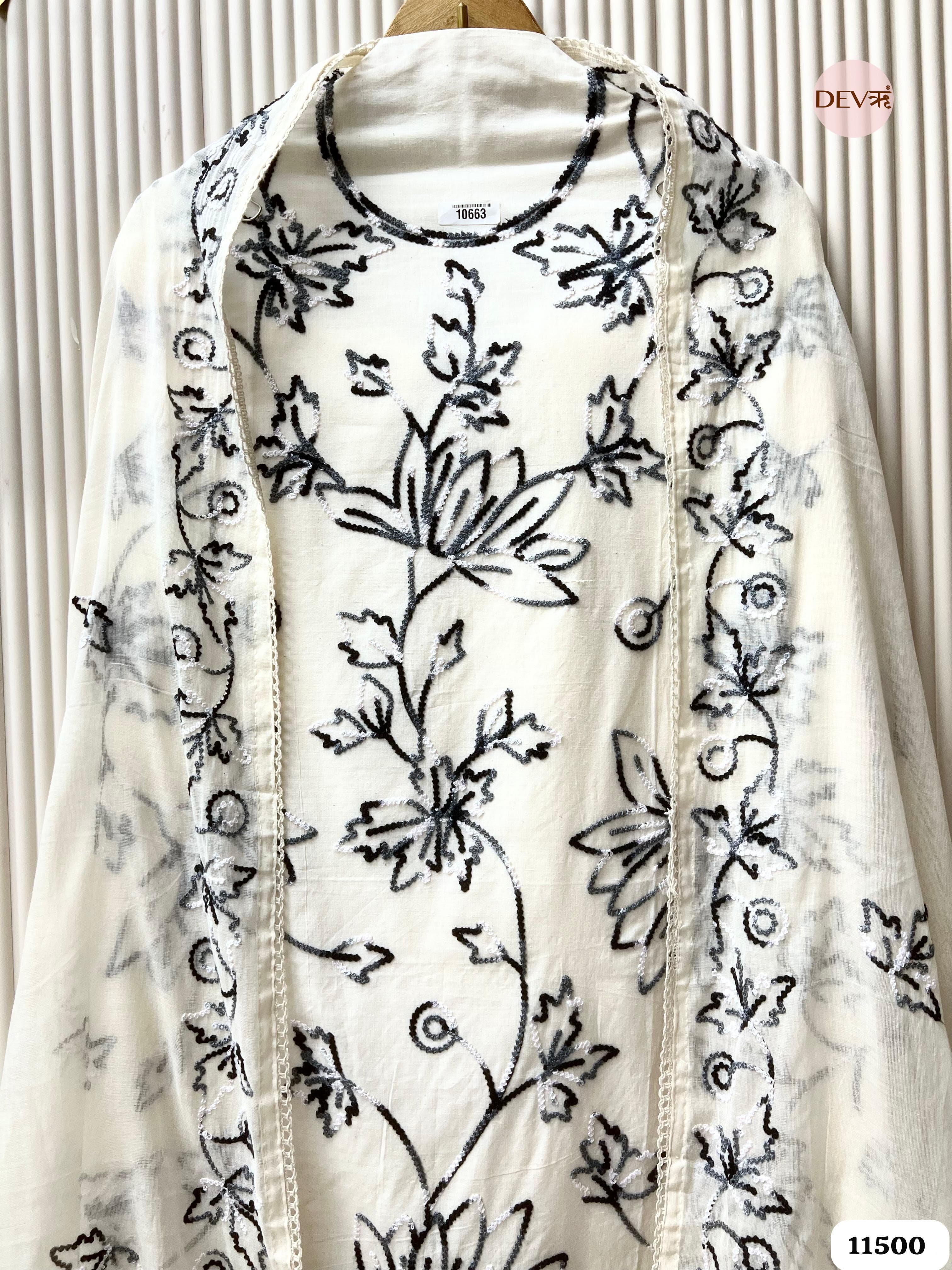 Black & white Pure Cotton Unstitched Embroidered -Set Of 6