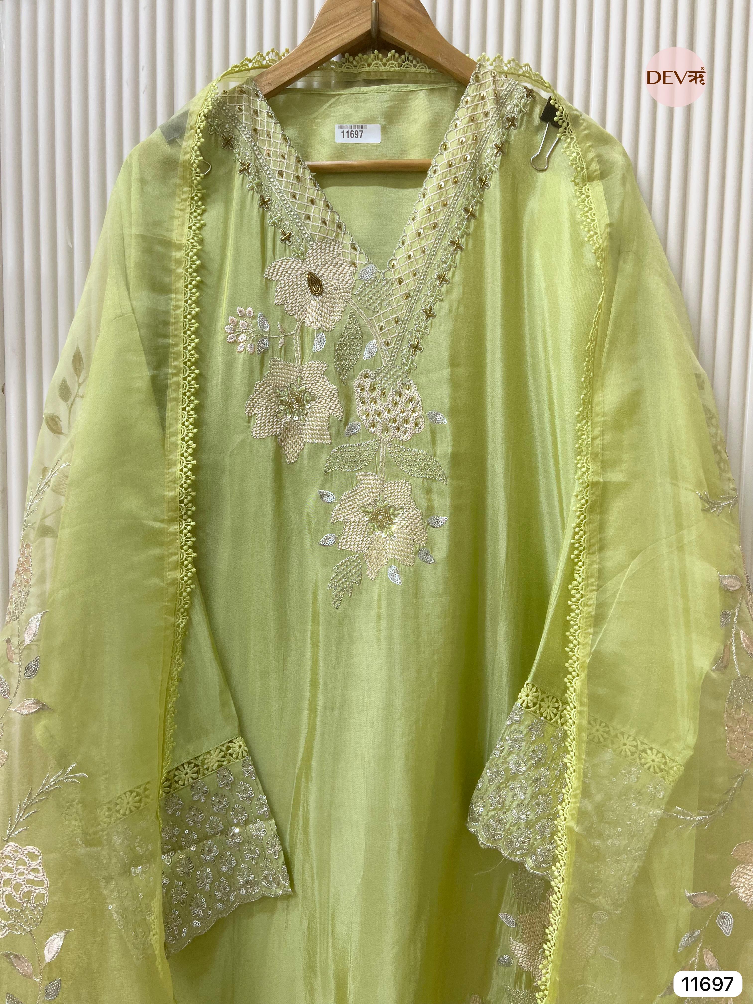 Lime Green Tissue Shimmer Silk Semi Stitched Hand Embroidered -Set Of 3 - {11697}