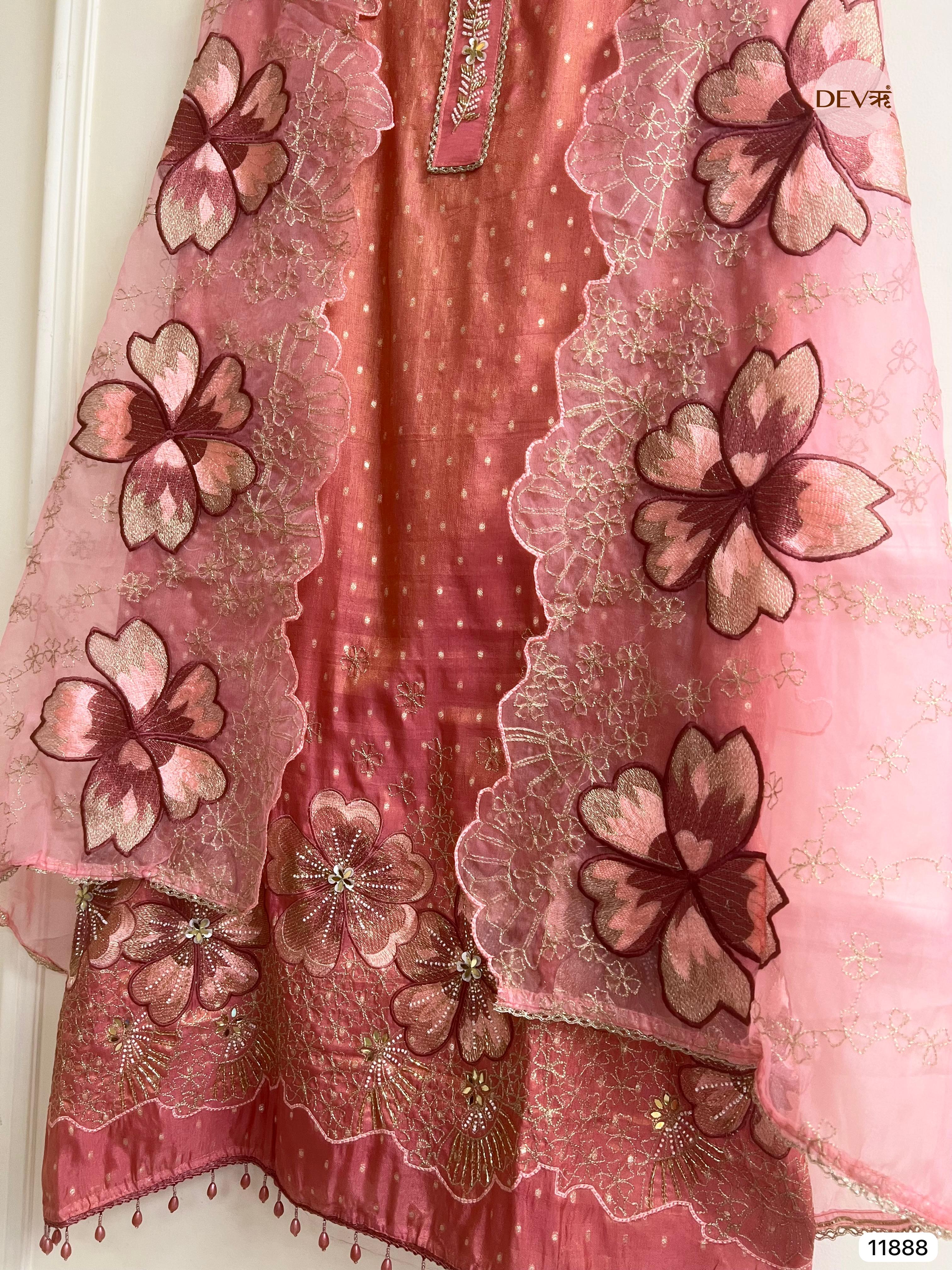 Peach-Pink Tissue Silk Unstitched Embroidered -Set Of 3 - {11888}