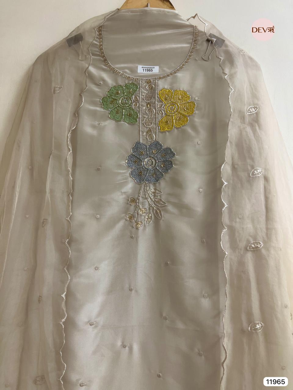 Off White Tissue Shimmer Silk Unstitched Embroidered -Set Of 3 - {11965}