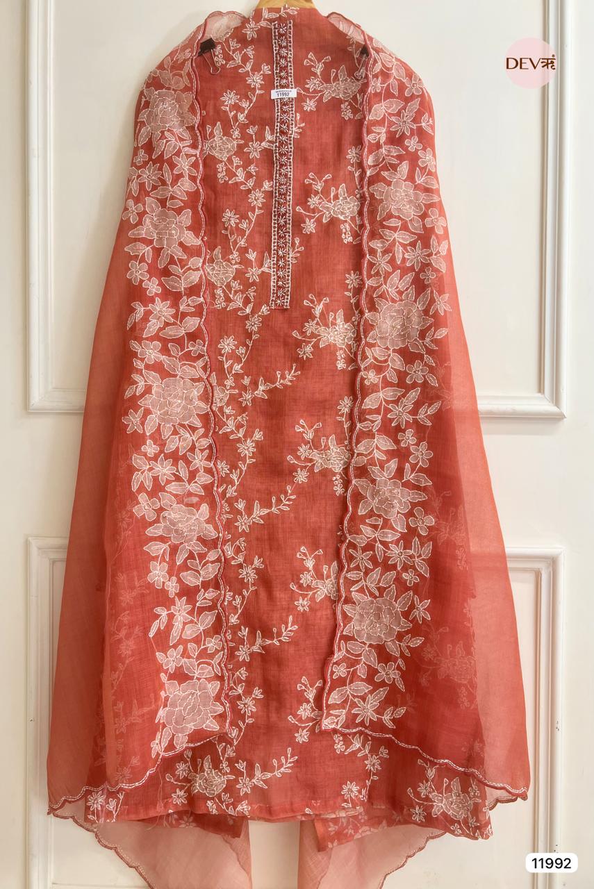 Rust Pure Mul Linen Unstitched Embroidered -Set Of 3 - {11992}