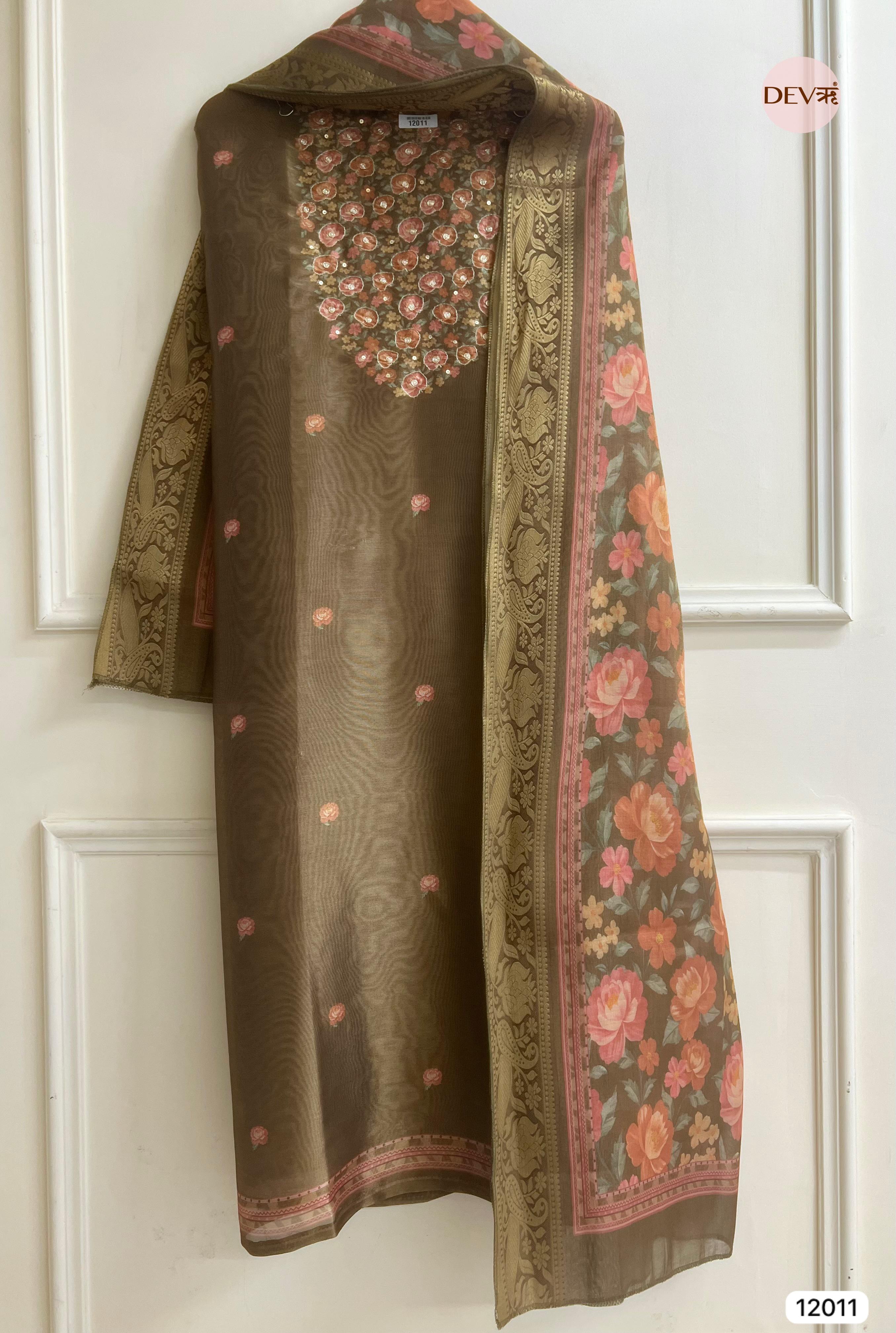 Olive Brown Tissue Silk Unstitched Printed Hand Embroidered -Set Of 3