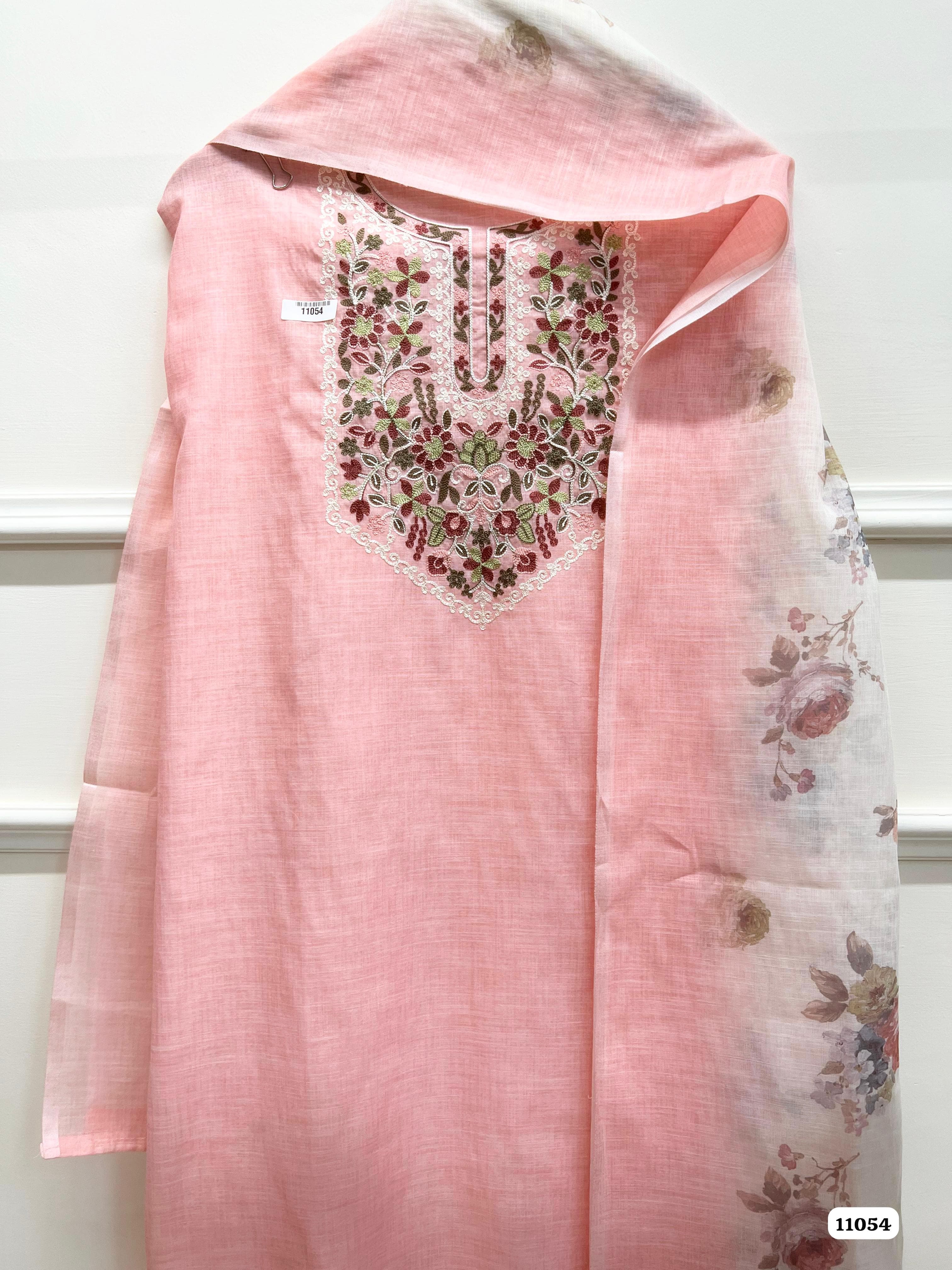 Pink Khadi Cotton Unstitched Embroidered -Set Of 3 {11054}