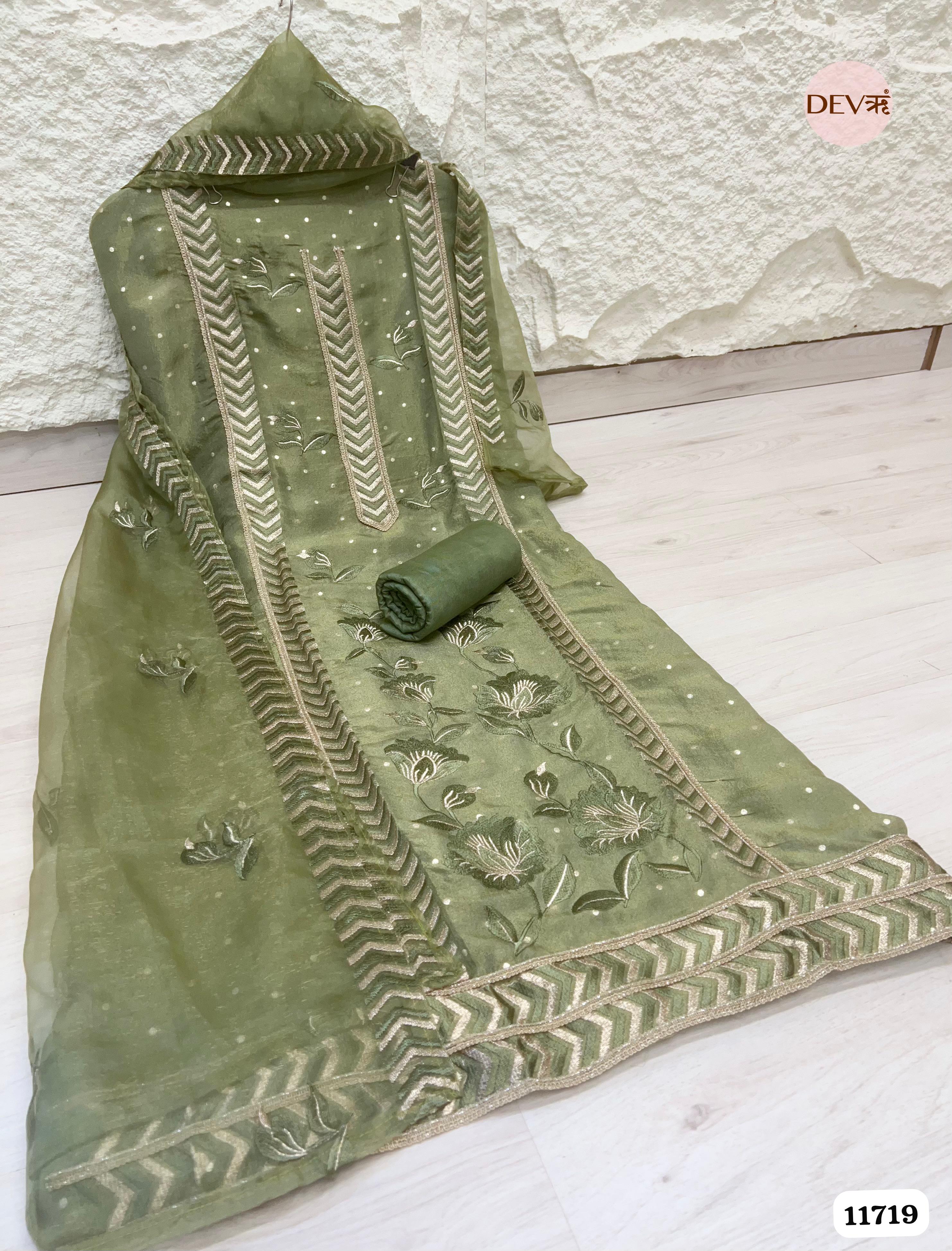 Green Tissue Shimmer Unstitched Embroidered -Set Of 3 {11719}