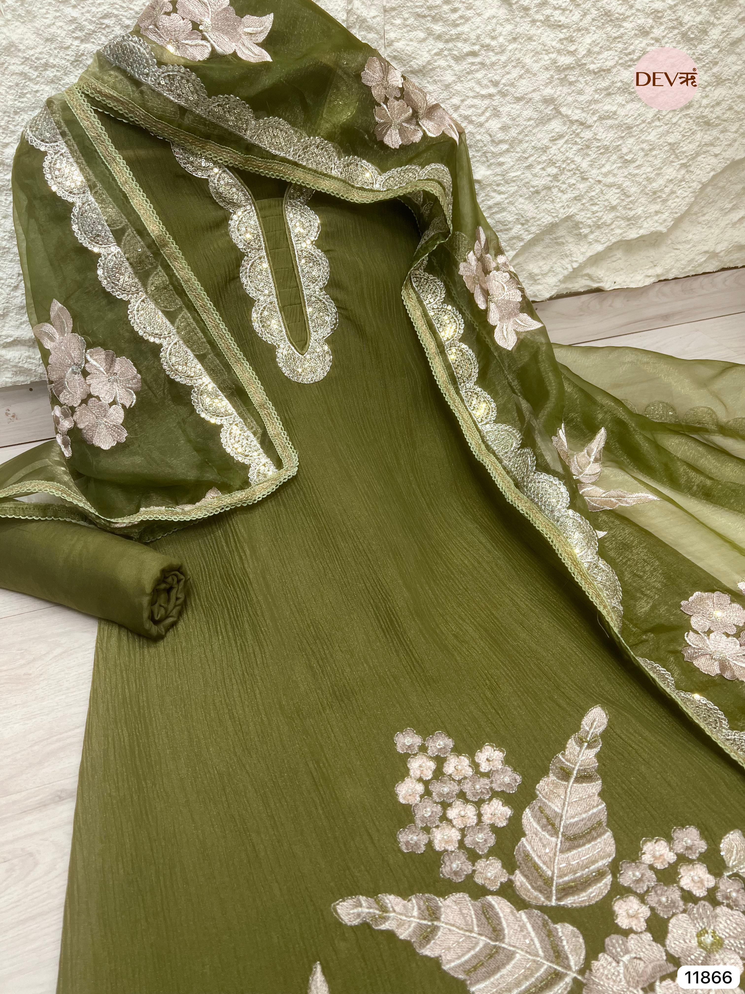 Green Tissue Crush Silk Unstitched Embroidered -Set Of 3 - {11866}