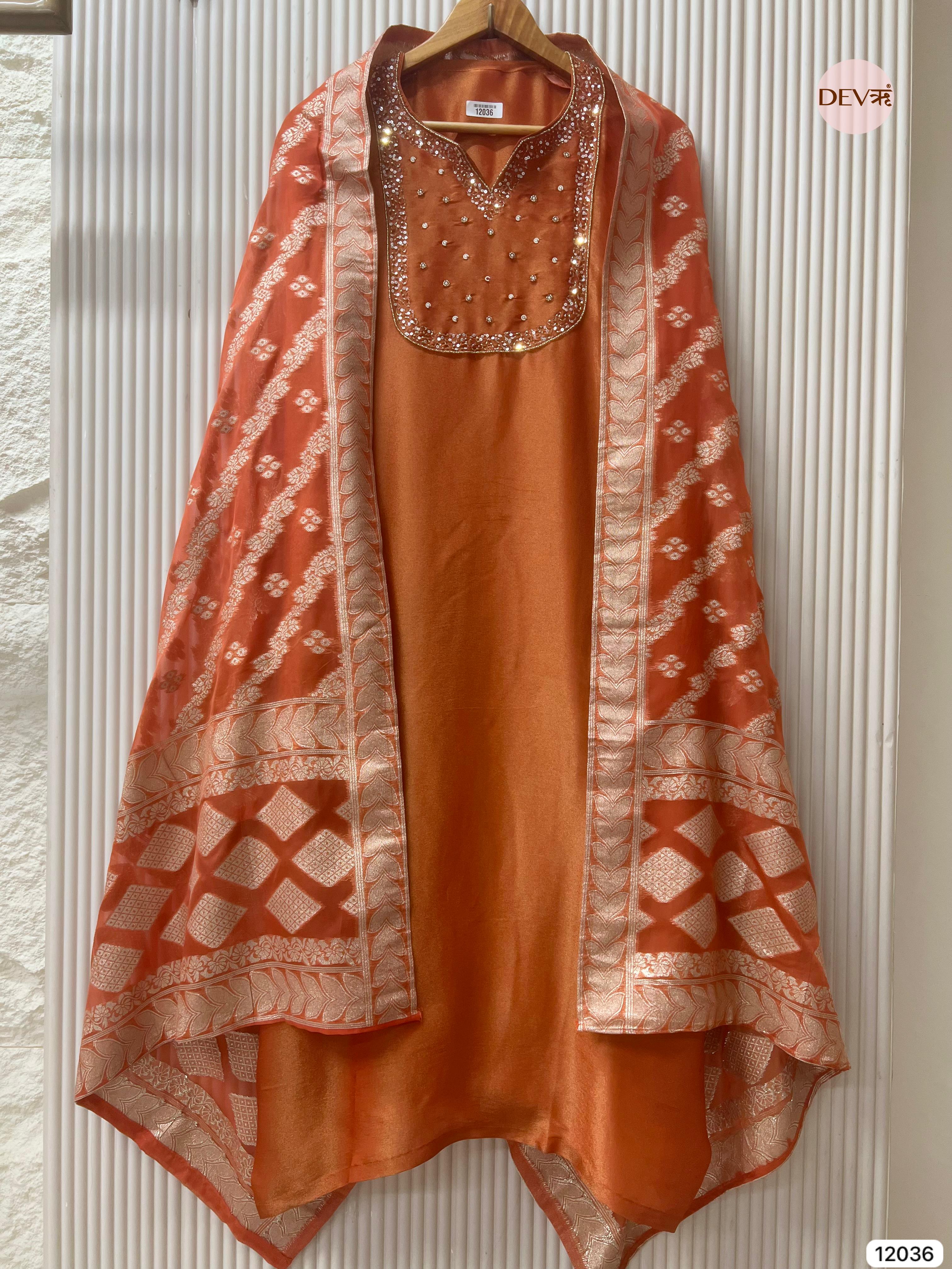 Rust Tissue Shimmer Silk Unstitched Embroidered -Set Of 3 - {12036}