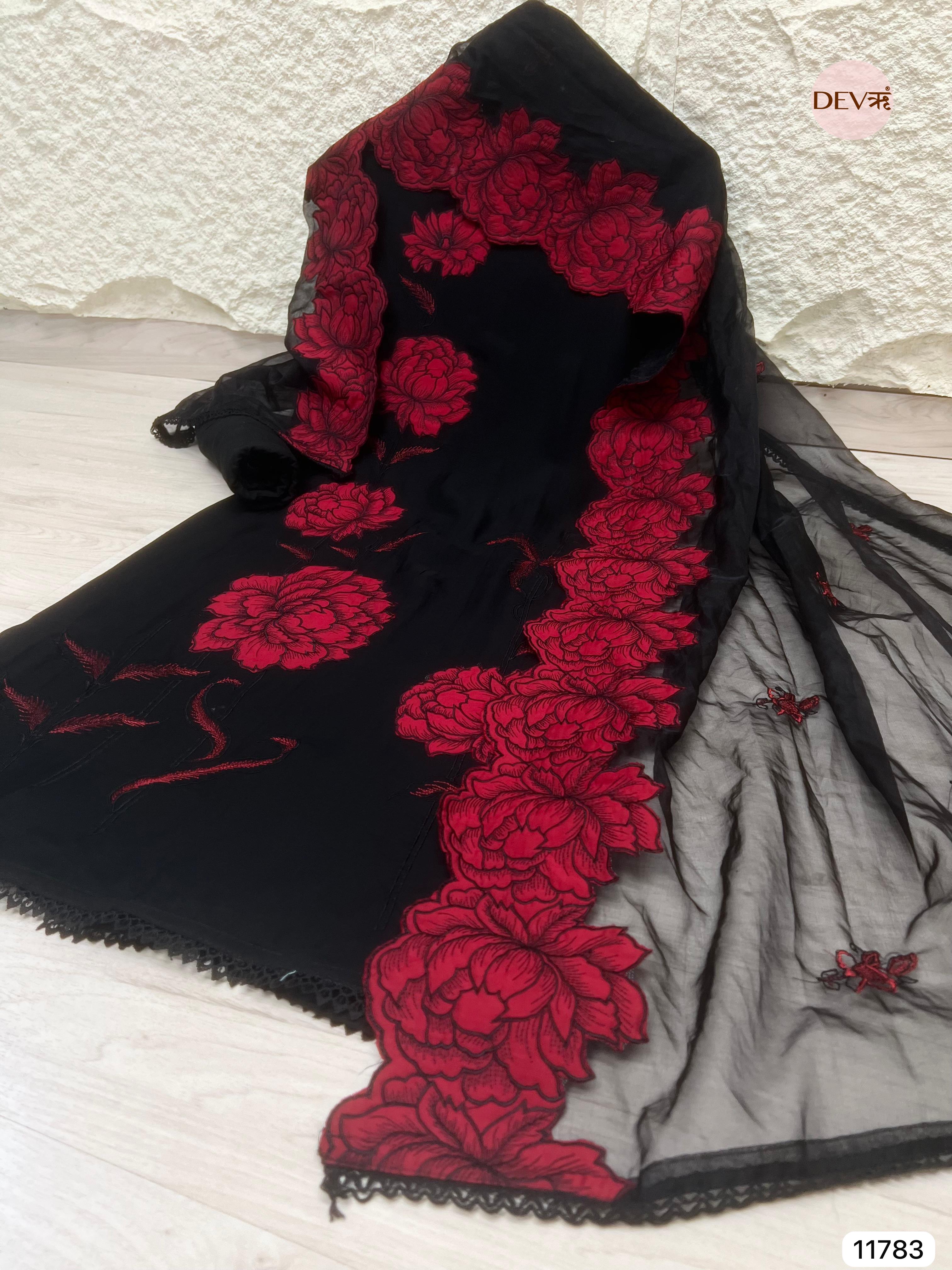 Black Organza Unstitched Embroidered -Set Of 3- {11783}