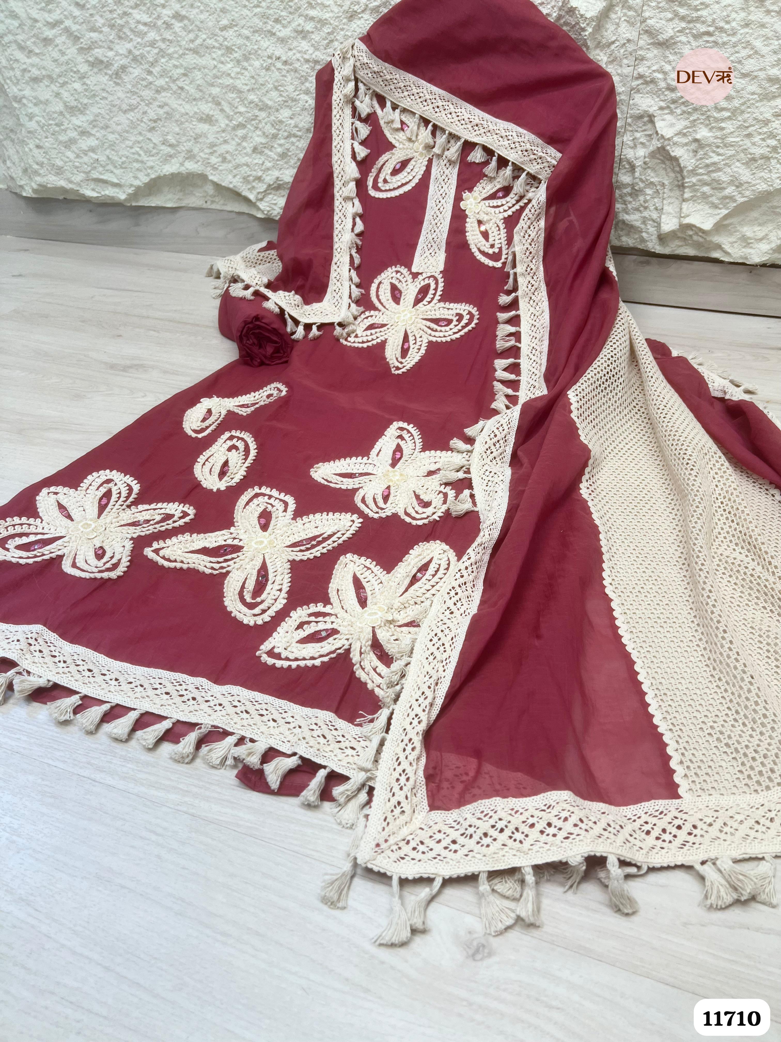 Maroon Mul Chanderi Unstitched Hand Embroidered -Set Of 3 {11710}