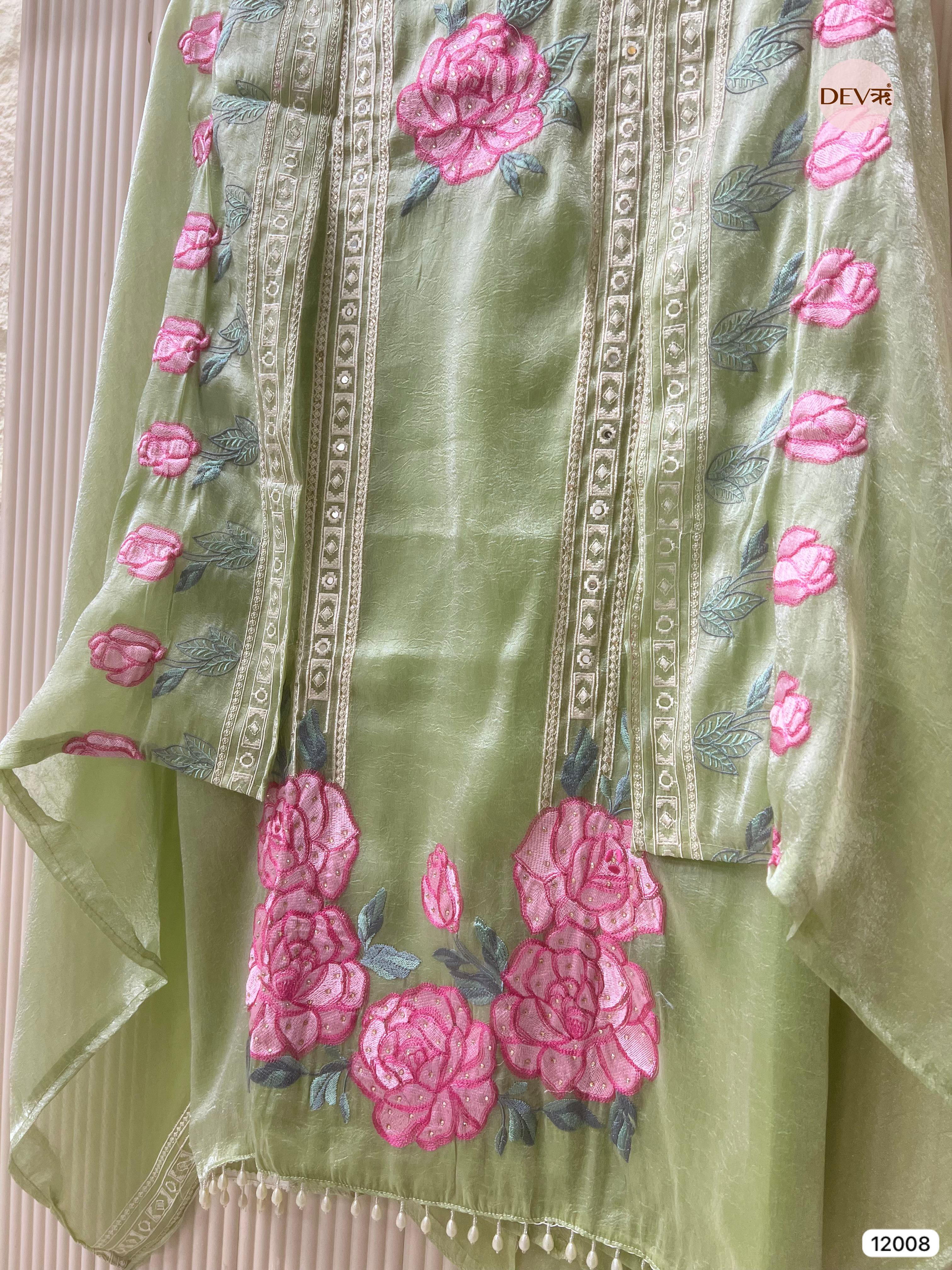 Green Tissue Organza Silk Unstitched Embroidered -Set Of 3 - {12008}