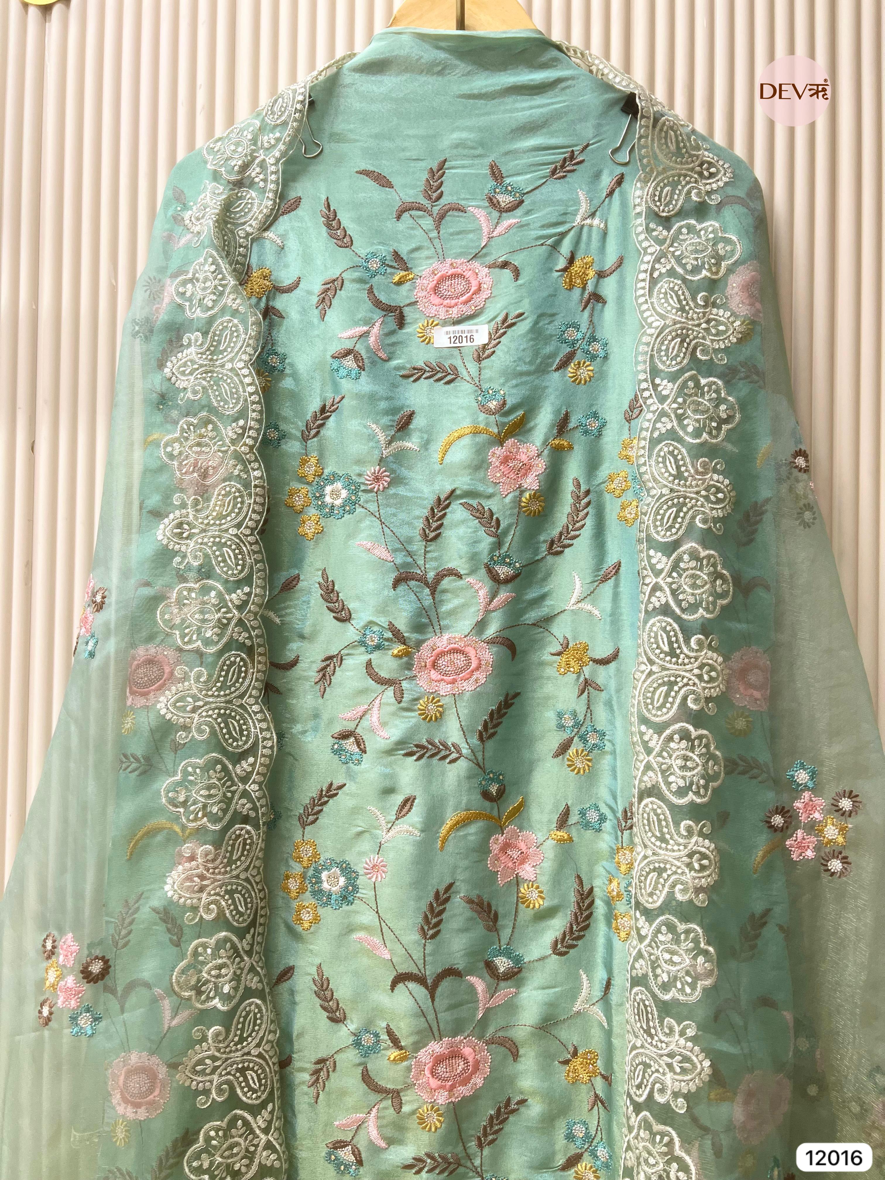 Blue Shimmer Tissue Silk Unstitched Embroidered -Set Of 3 - {12016}