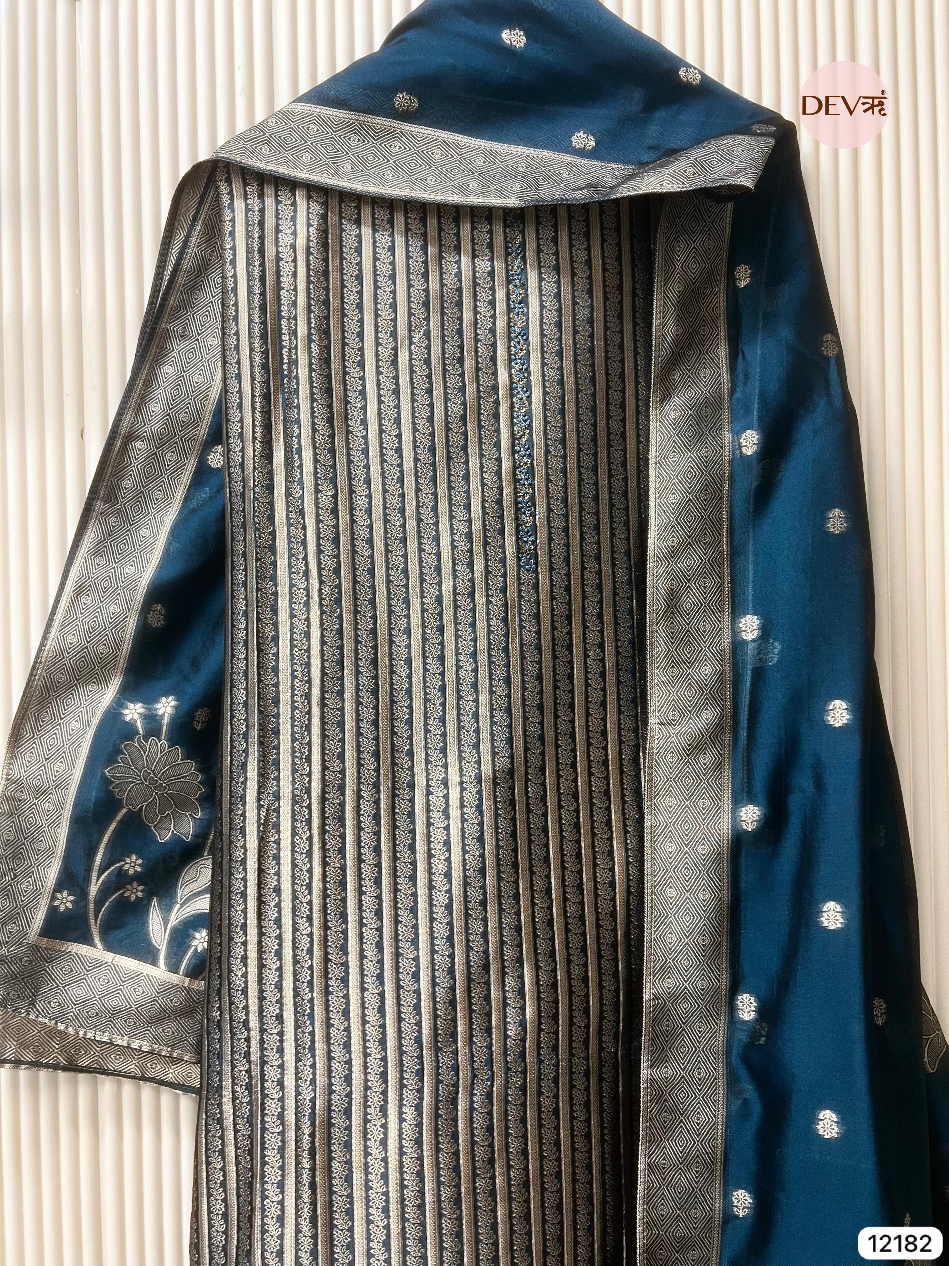 Blue Pure Banarasi Silk Unstitched Hand Embroidered-Set of 3 - {12182}