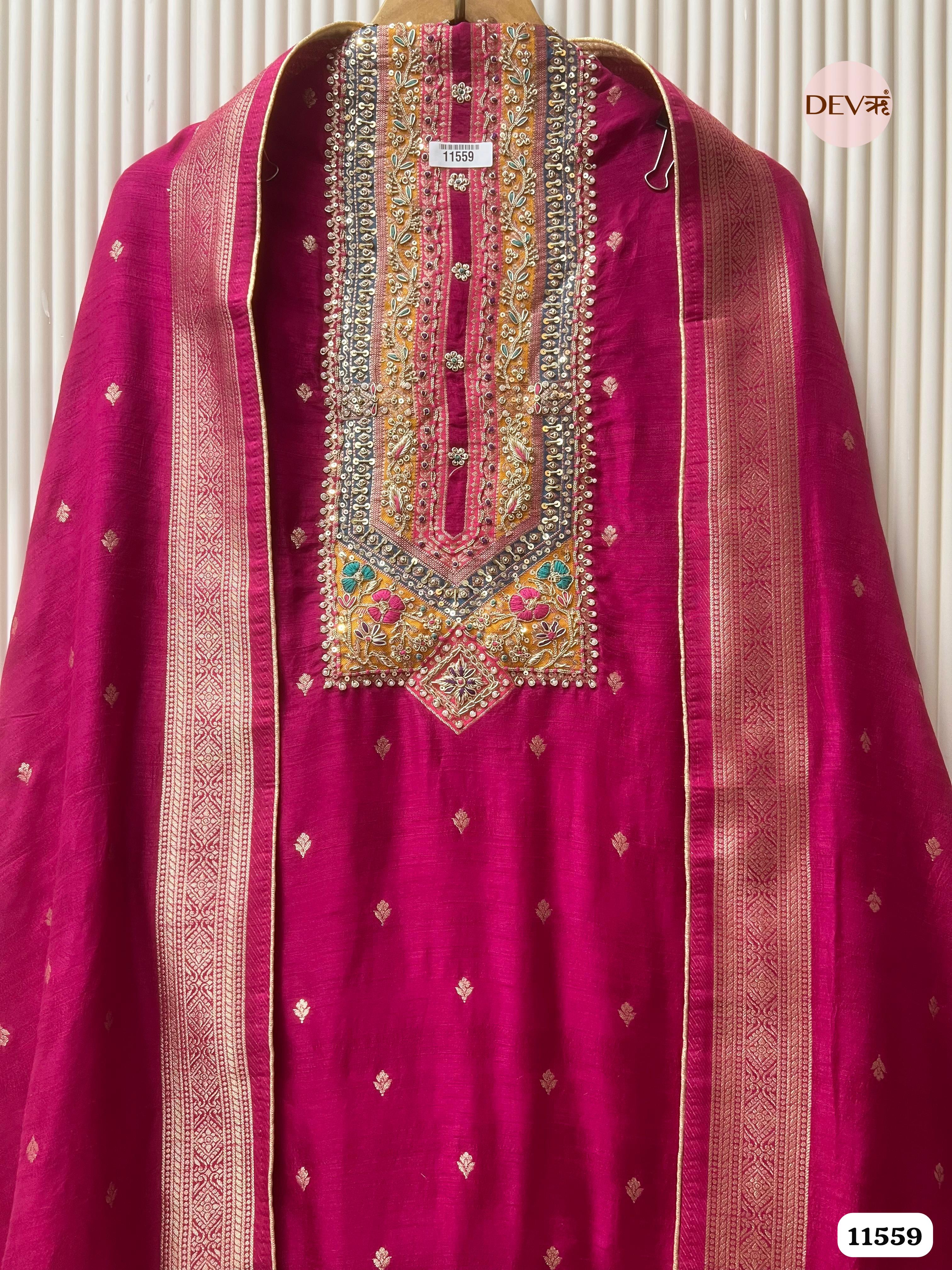 Red Dola silk Banarasi Weave Unstitched Hand Embroidered -Set Of 3 {11559}