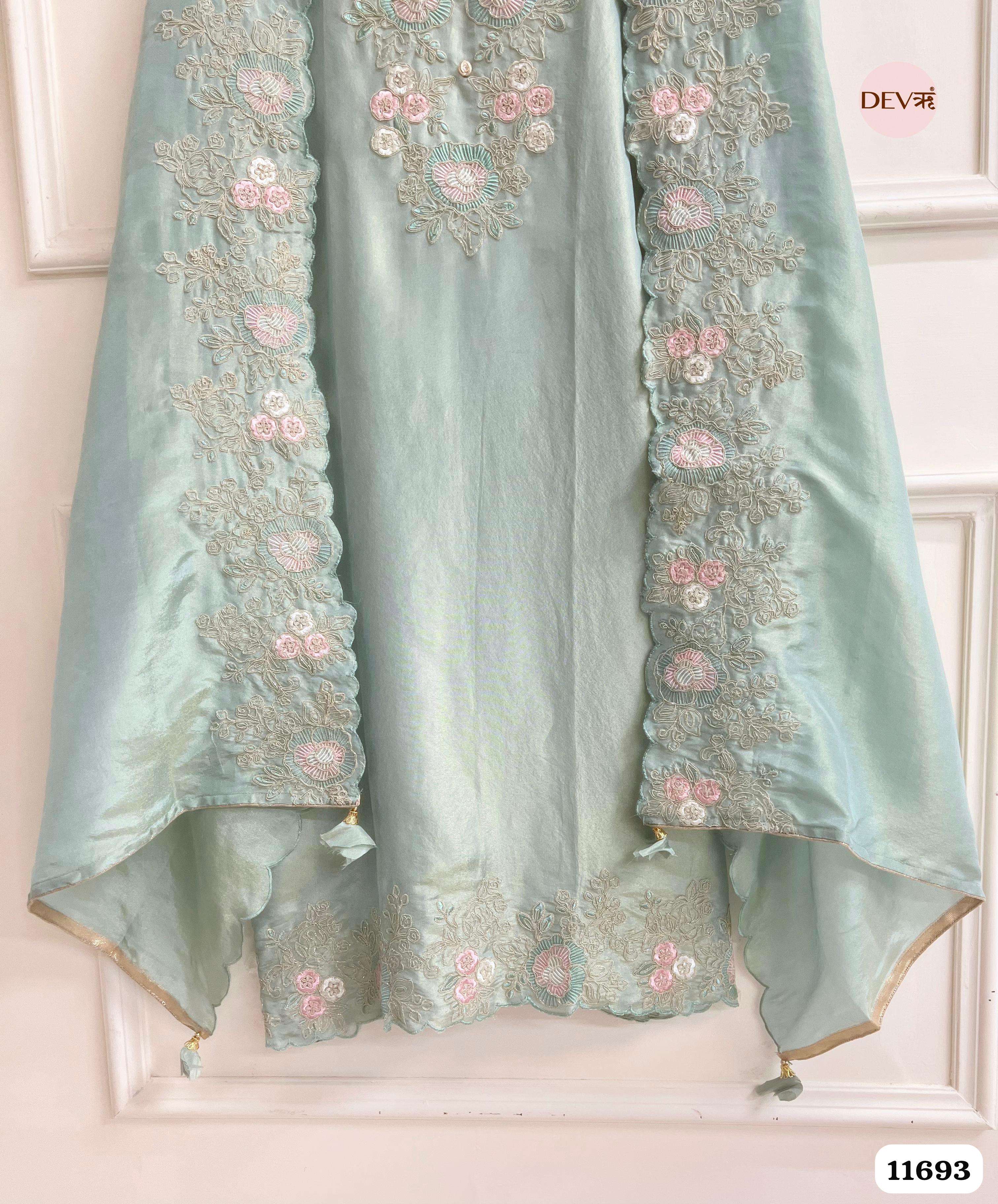 Mint Green Tissue Silk Unstitched Embroidered -Set Of 3 {11693}