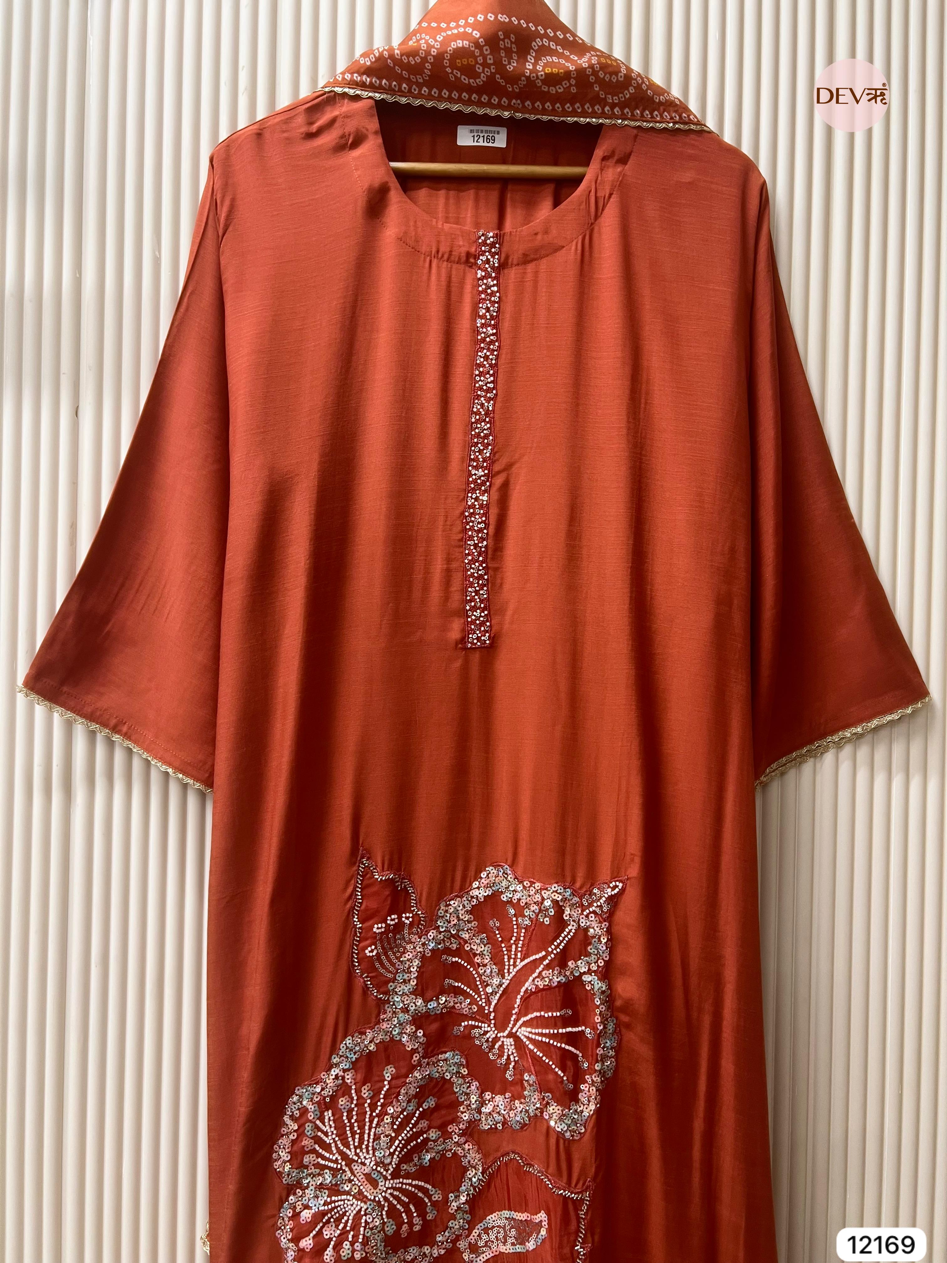 Rust Pure Russian Silk Semi Stitched Hand Embroidered -Set Of 3 - {12169}