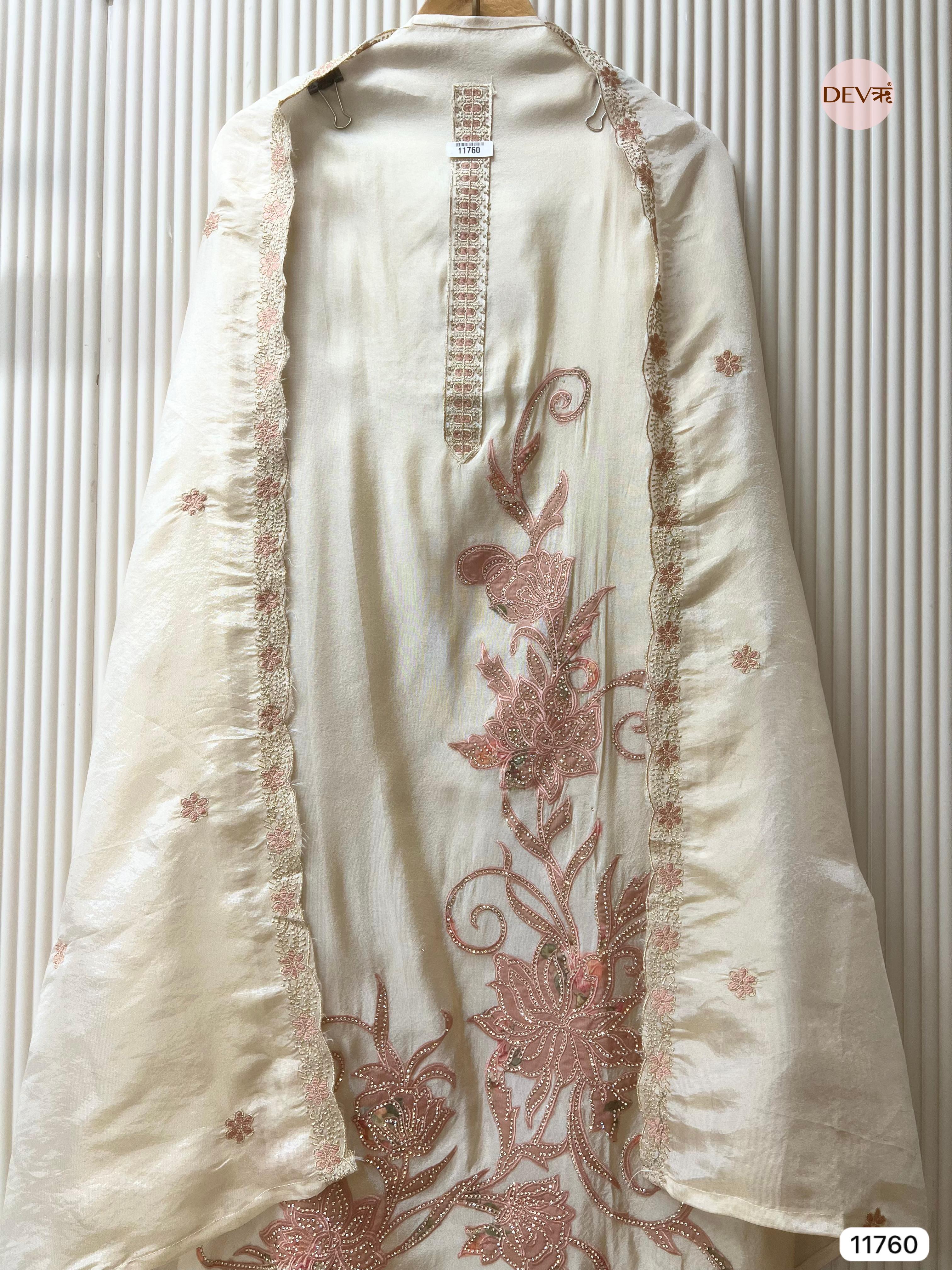 White Shimmer Tissue Unstitched Hand Embroidered -Set Of 3 - {11760}