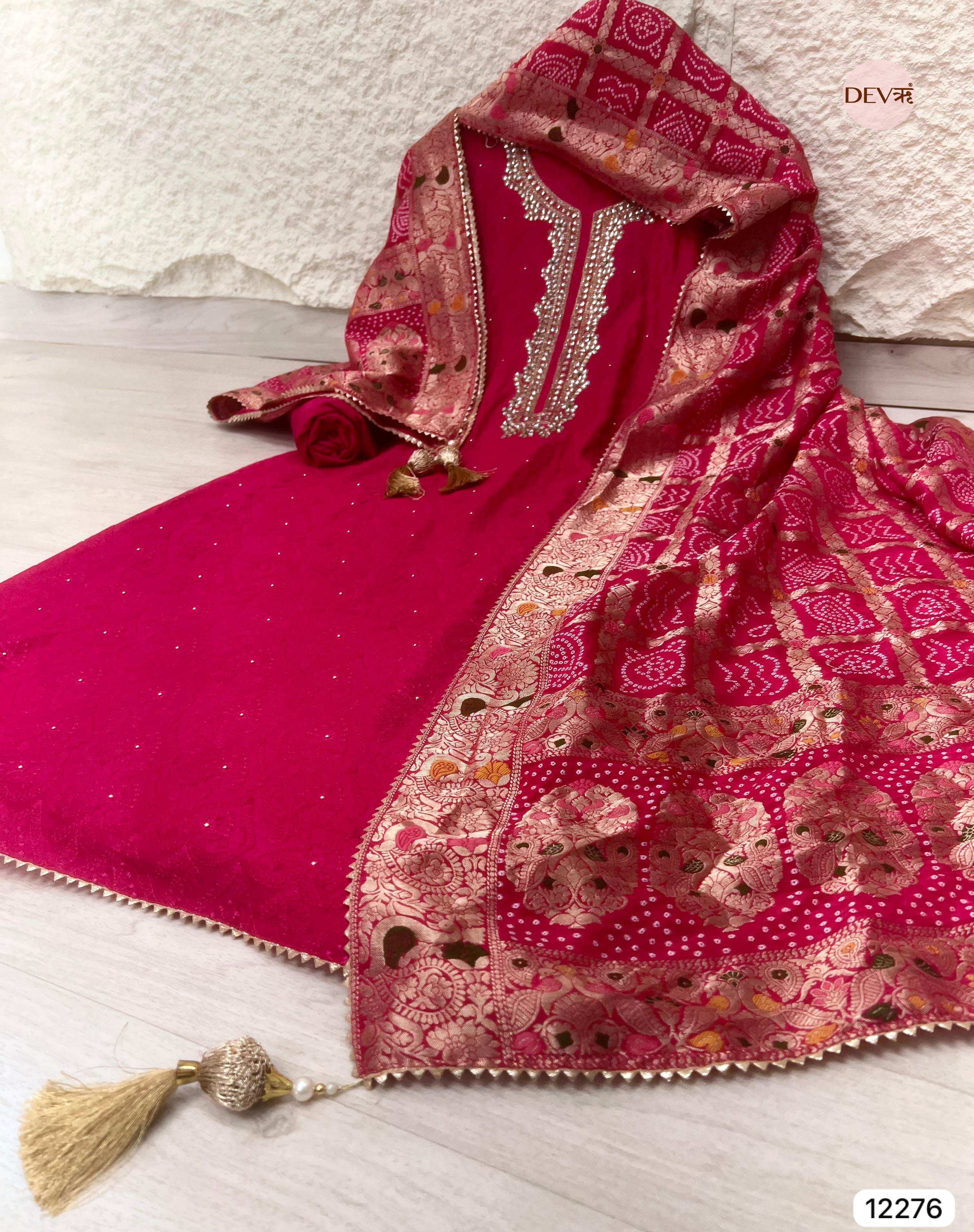 Rani Pink Pure Russian Silk Embroidered Unstitched 3-Piece Suit (Devri – D.No 12276)