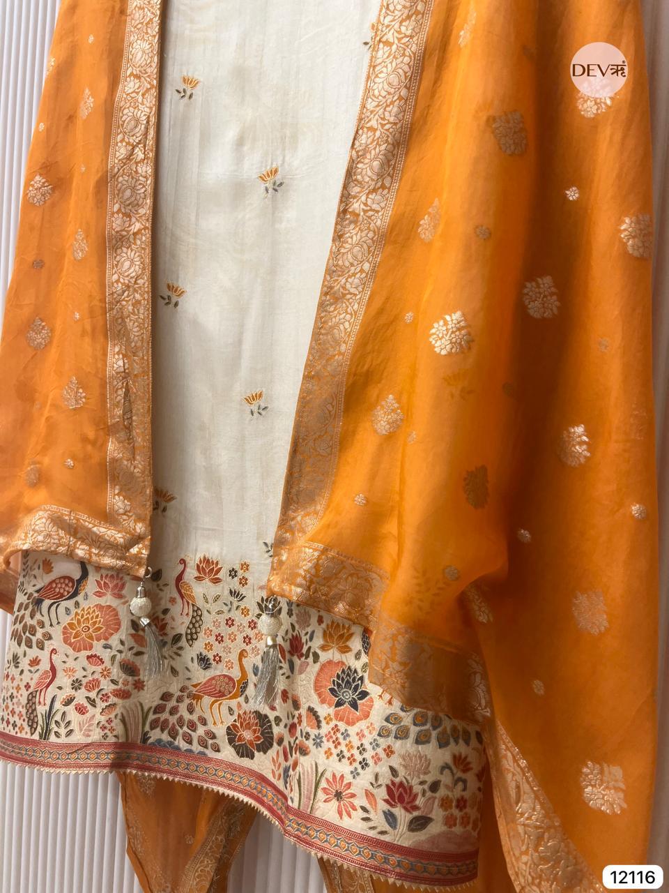 Mustard Russian Silk Embroidered Unstitched 3-Piece Suit (Devri – D.No 12116)