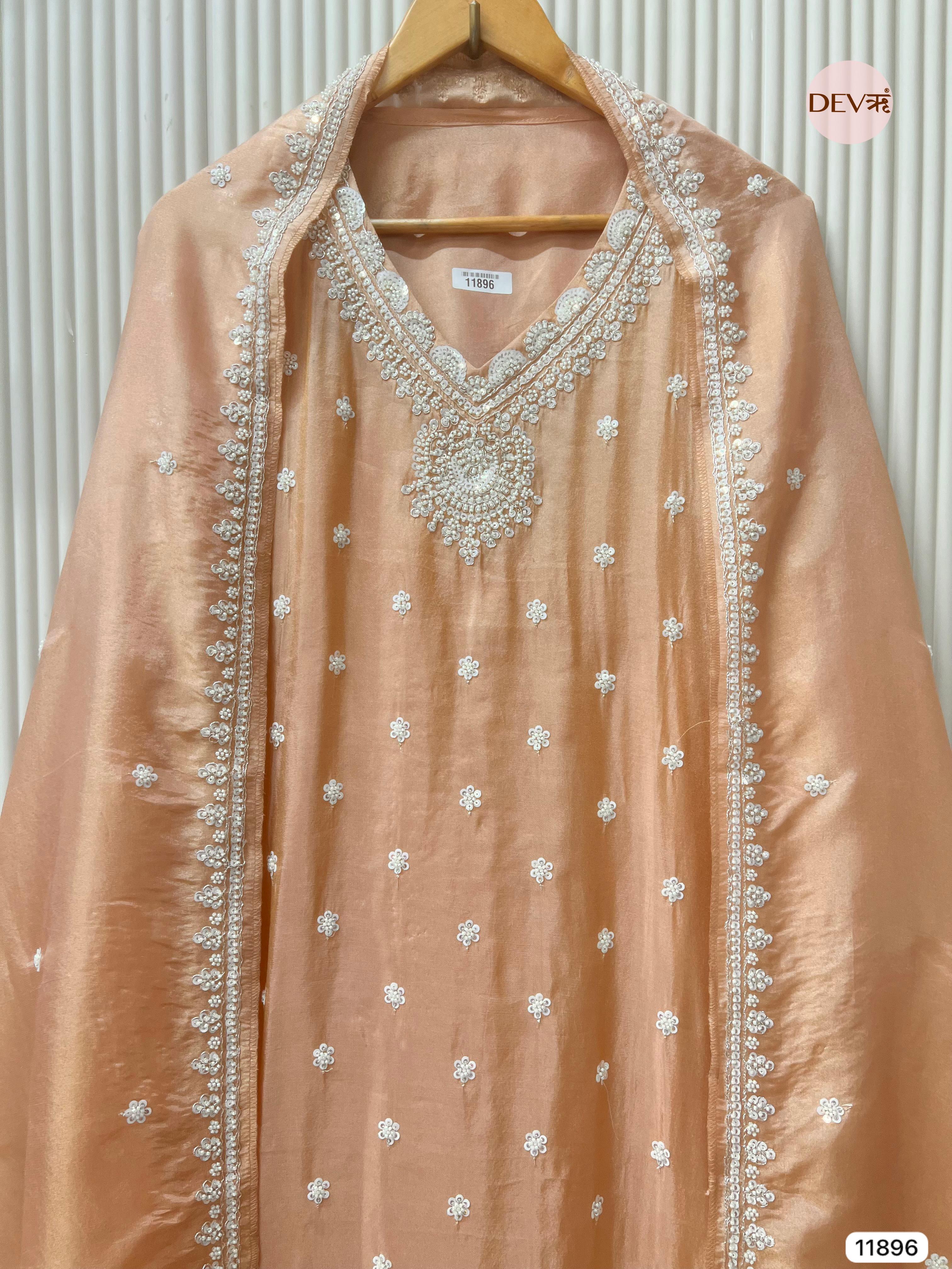 Light Orange Shimmer Tissue Silk Unstitched Embroidered -Set Of 3- {11896}