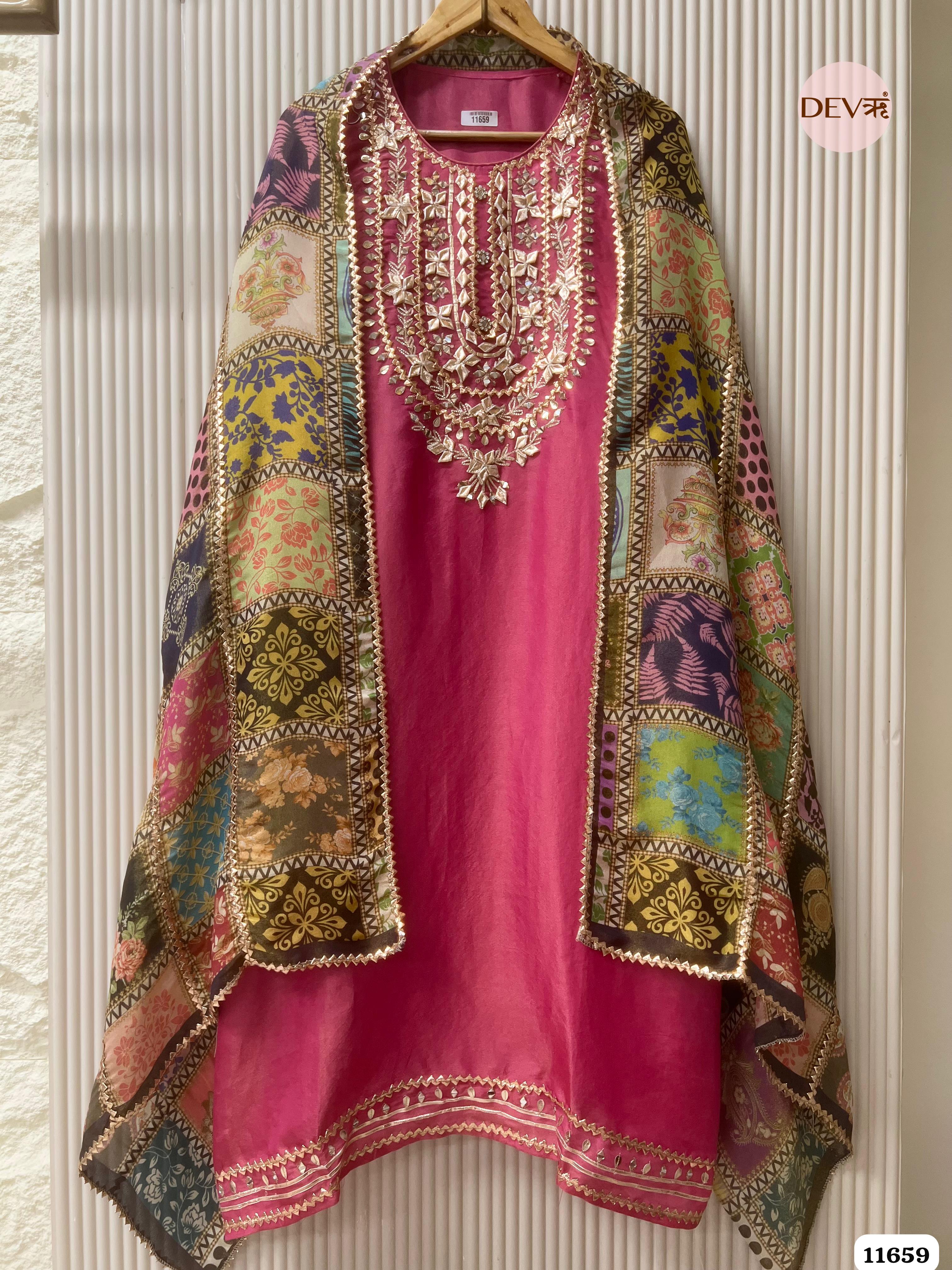 Deep Pink Tissue Silk Unstitched Hand Embroidered -Set Of 3 {11659}