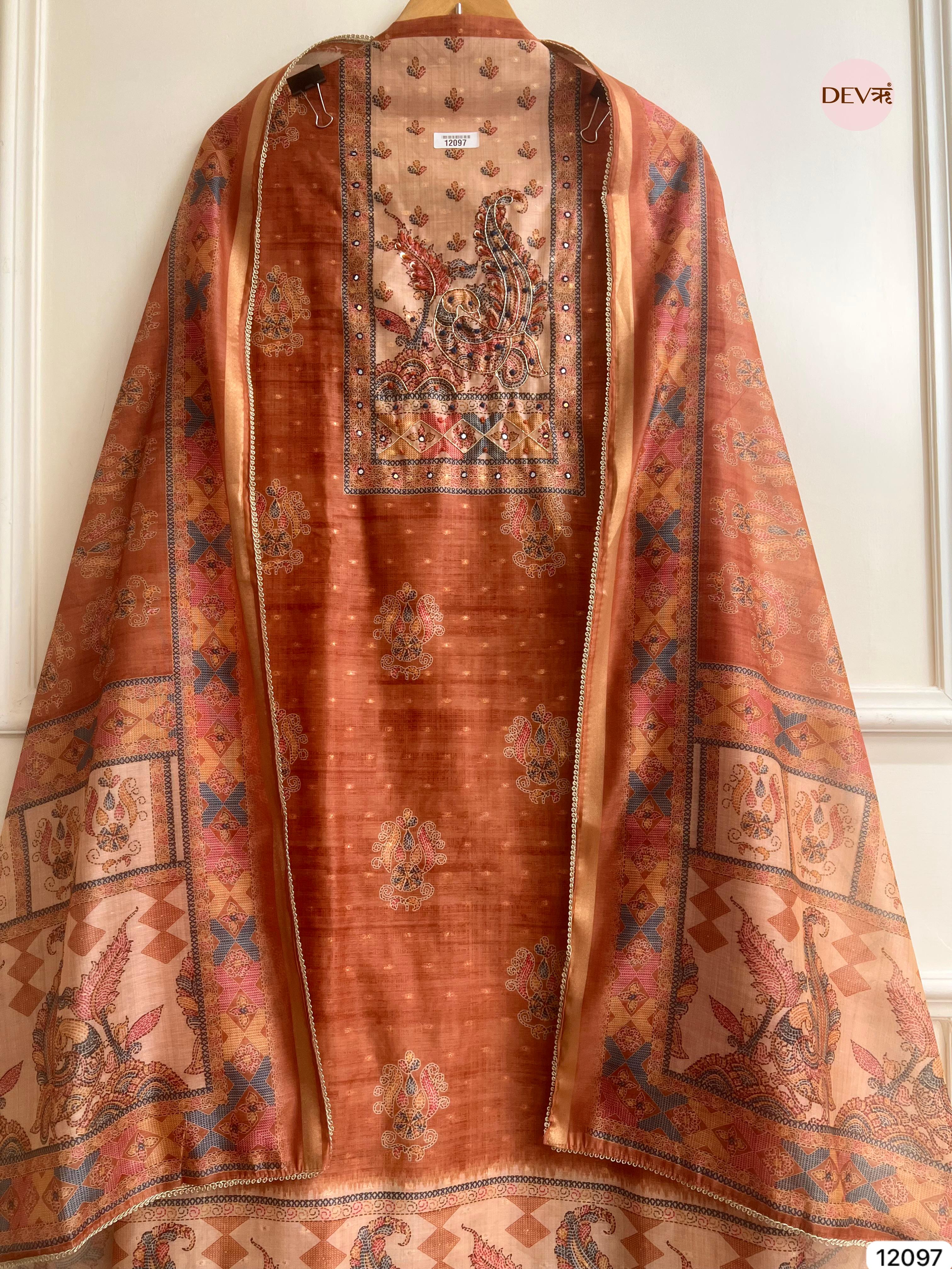 Rust Tisser Khadi Silk Printed Unstitched Hand Embroidered -Set Of 3 - {12097}