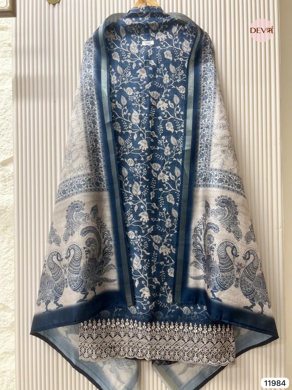 Blue Pure Tusser Silk Printed Unstitched 3-Piece Suit (Devri – D.No 11984)