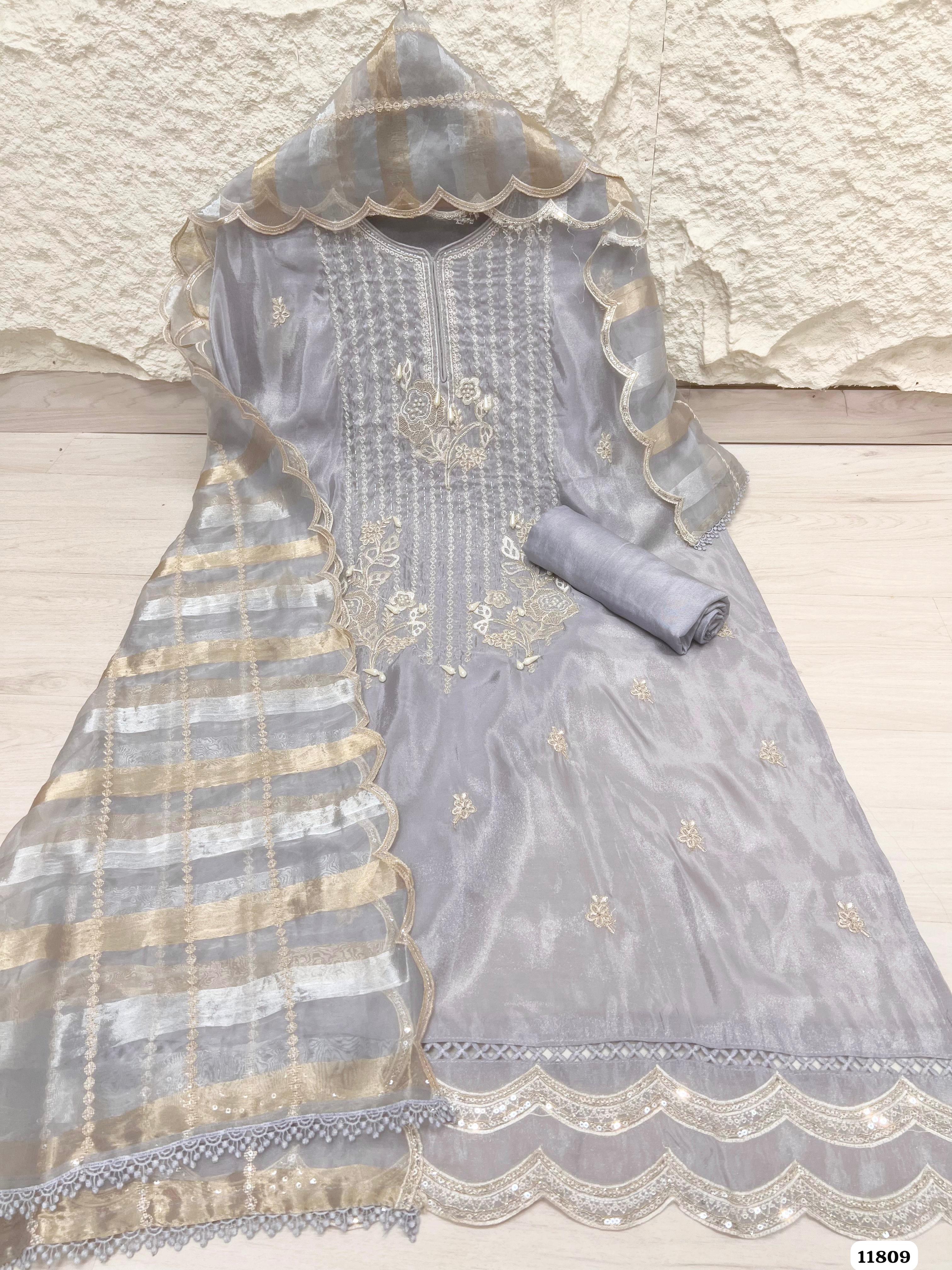 Light Grey Tissue silk unstitched Hand Embroidered -Set Of 3 {11809}