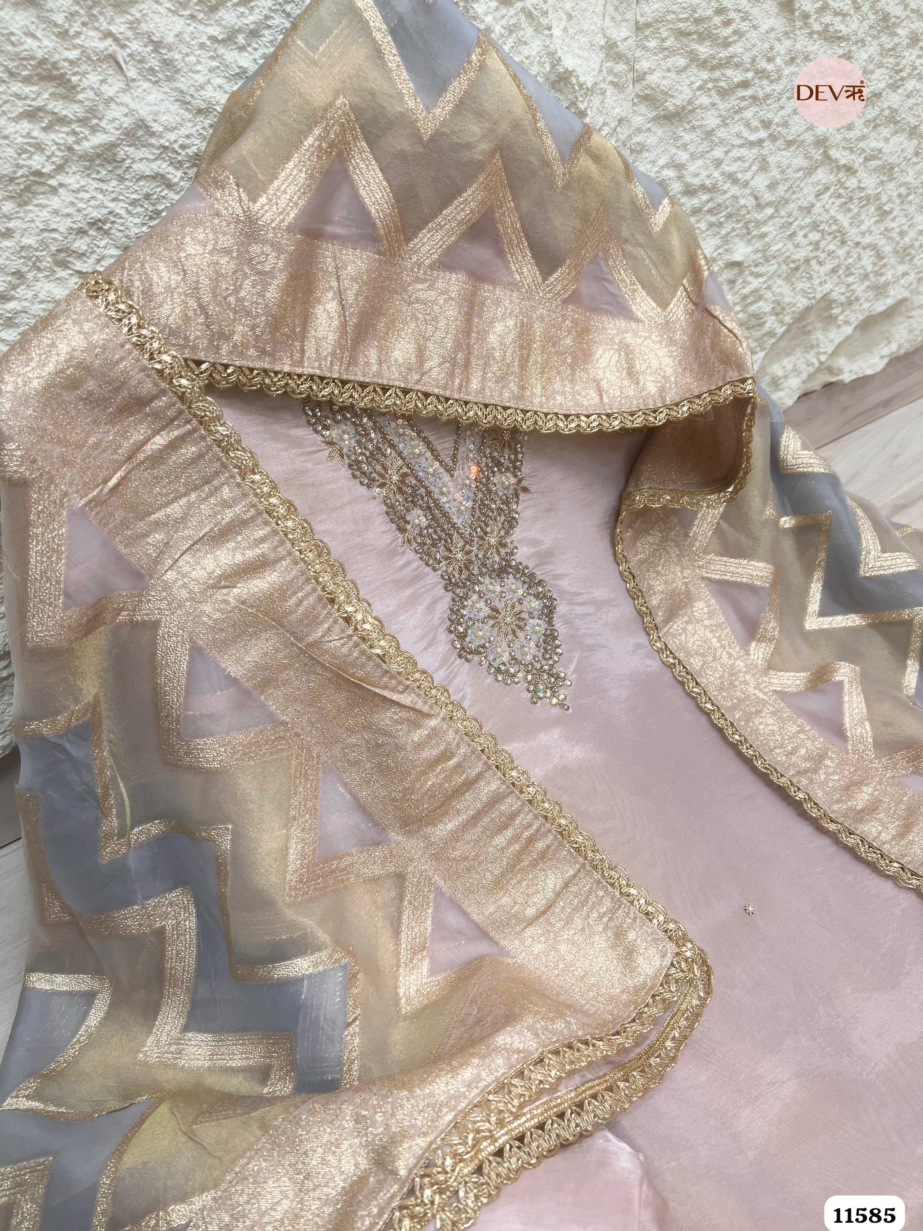 Beige Pure Tissue Silk Unstitched Hand Embroidered -Set Of 3 {11585}